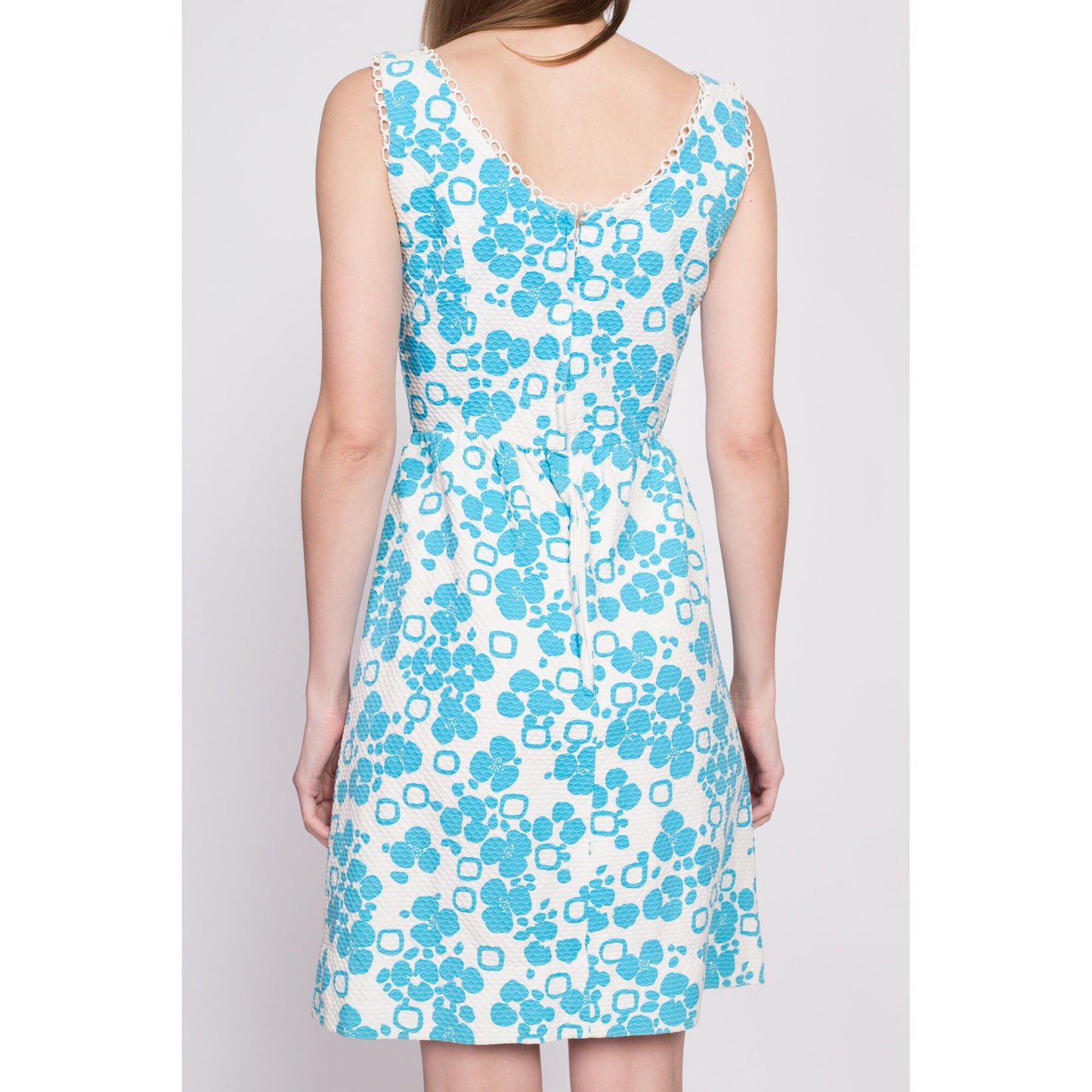 60s Blue & White Floral A Line Dress, As Is - Extra Small | Vintage Midge Grant Sleeveless Retro Pocket Mini Dress