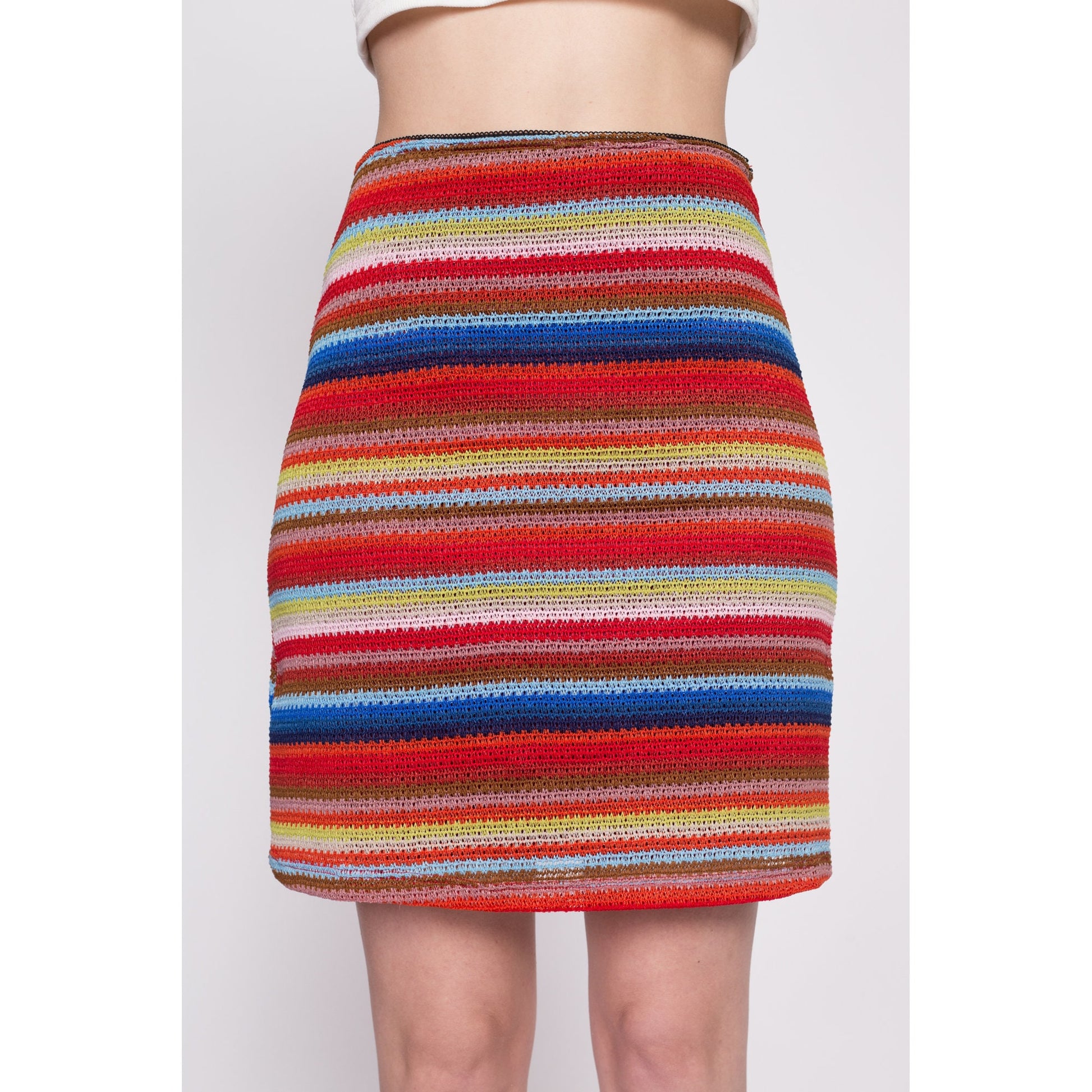 Y2K Colorful Striped Knit Mini Skirt - Medium | Vintage High Waisted Stretchy Fitted Skirt