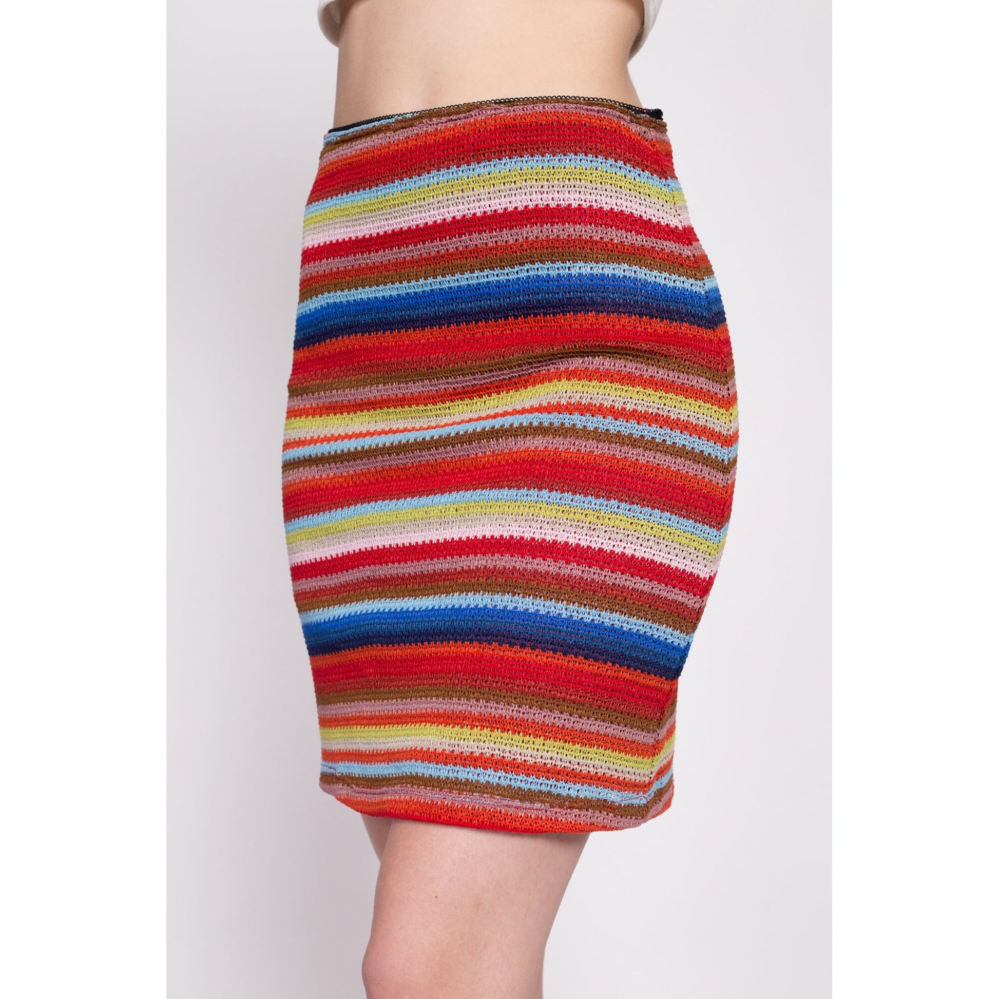 Y2K Colorful Striped Knit Mini Skirt - Medium | Vintage High Waisted Stretchy Fitted Skirt