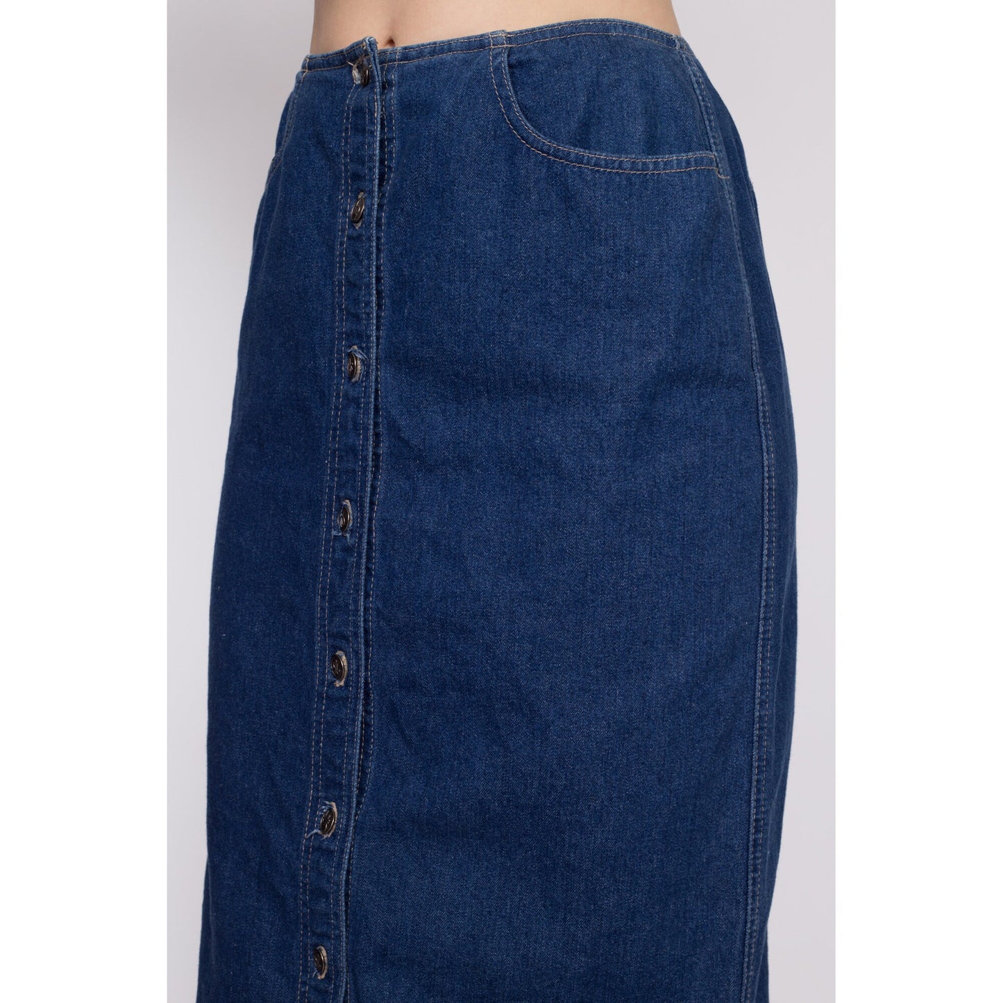 90s Denim Button Front Maxi Skirt - Medium, 28" | Vintage Grunge High Waisted Dark Wash Jean Pencil Skirt
