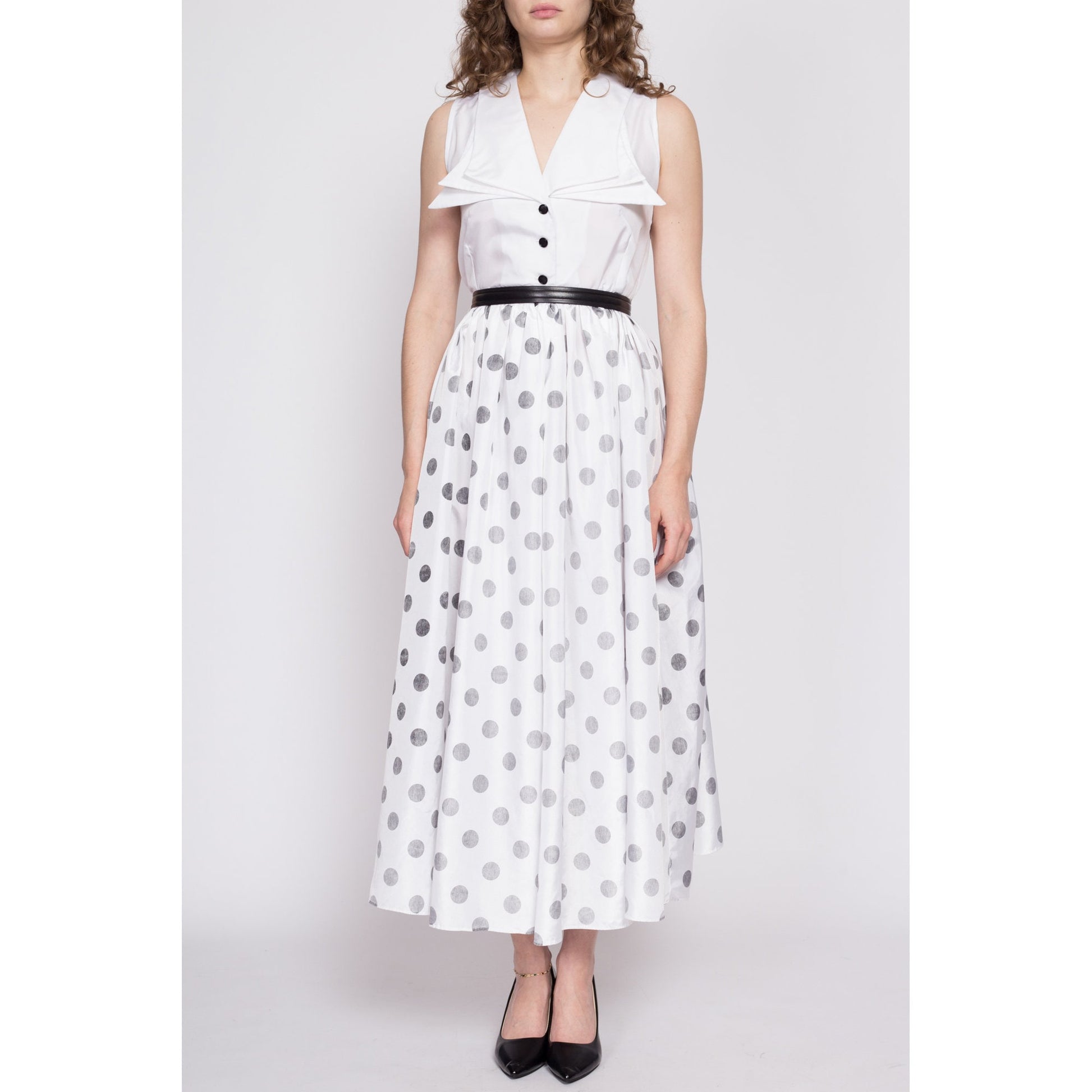 70s Polka Dot Hostess Maxi Dress - Medium | Vintage Black & White Pointed Statement Collar Sleeveless Fit Flare Gown
