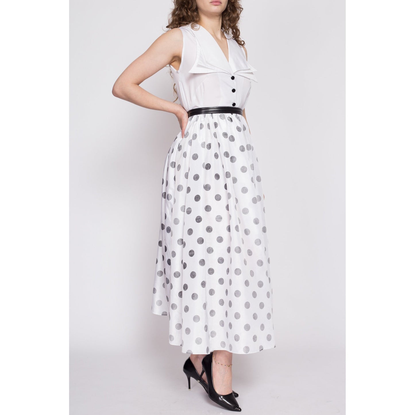 70s Polka Dot Hostess Maxi Dress - Medium | Vintage Black & White Pointed Statement Collar Sleeveless Fit Flare Gown