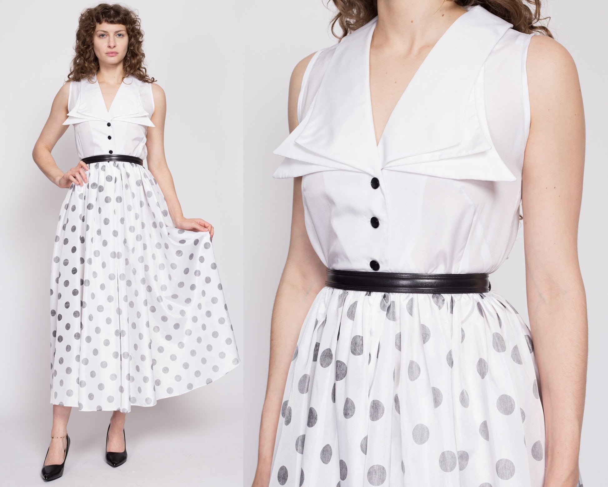 70s Polka Dot Hostess Maxi Dress - Medium | Vintage Black & White Pointed Statement Collar Sleeveless Fit Flare Gown