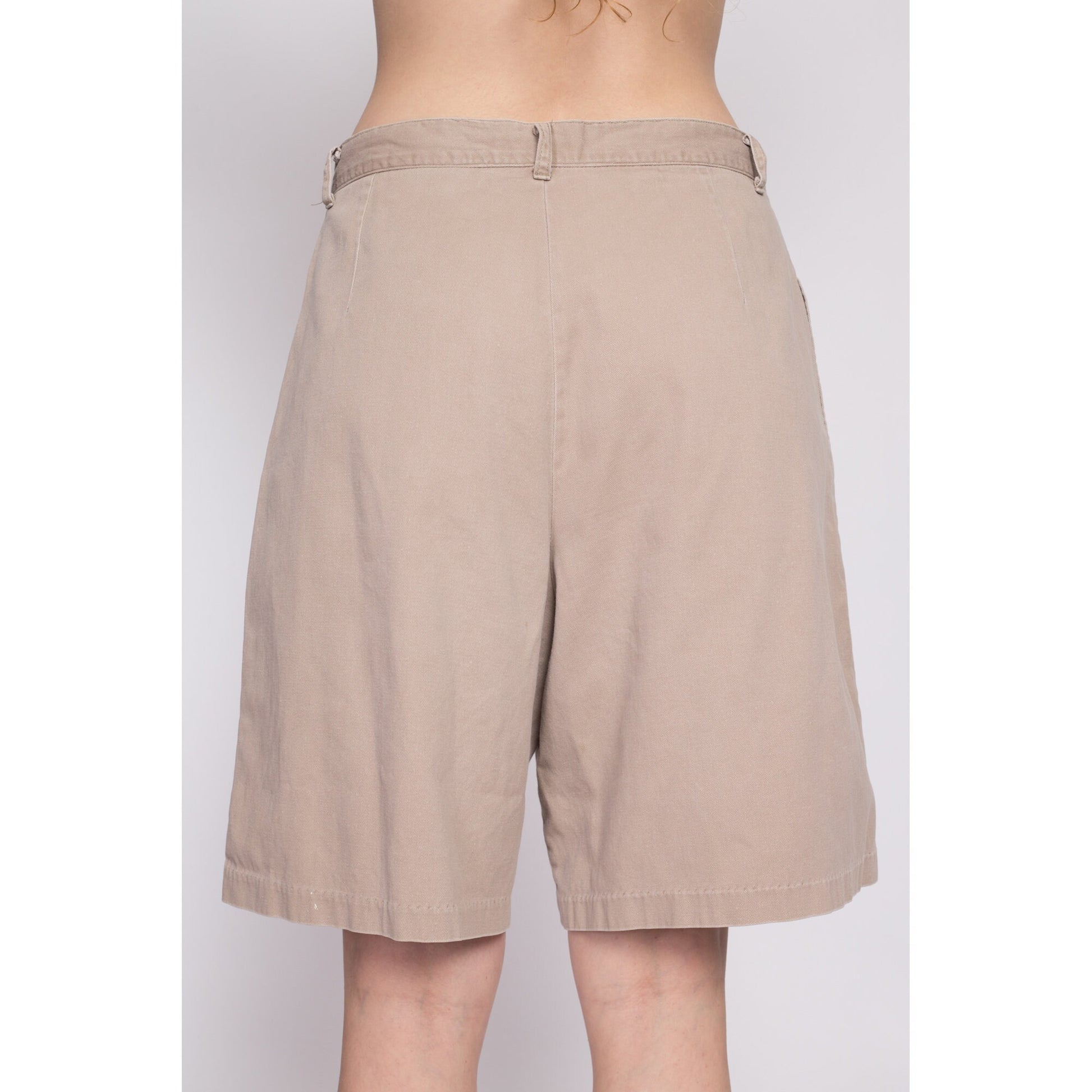 80s Khaki Pleated Cotton Shorts - Large, 31" | Vintage High Waisted Wide Leg Casual Mom Shorts