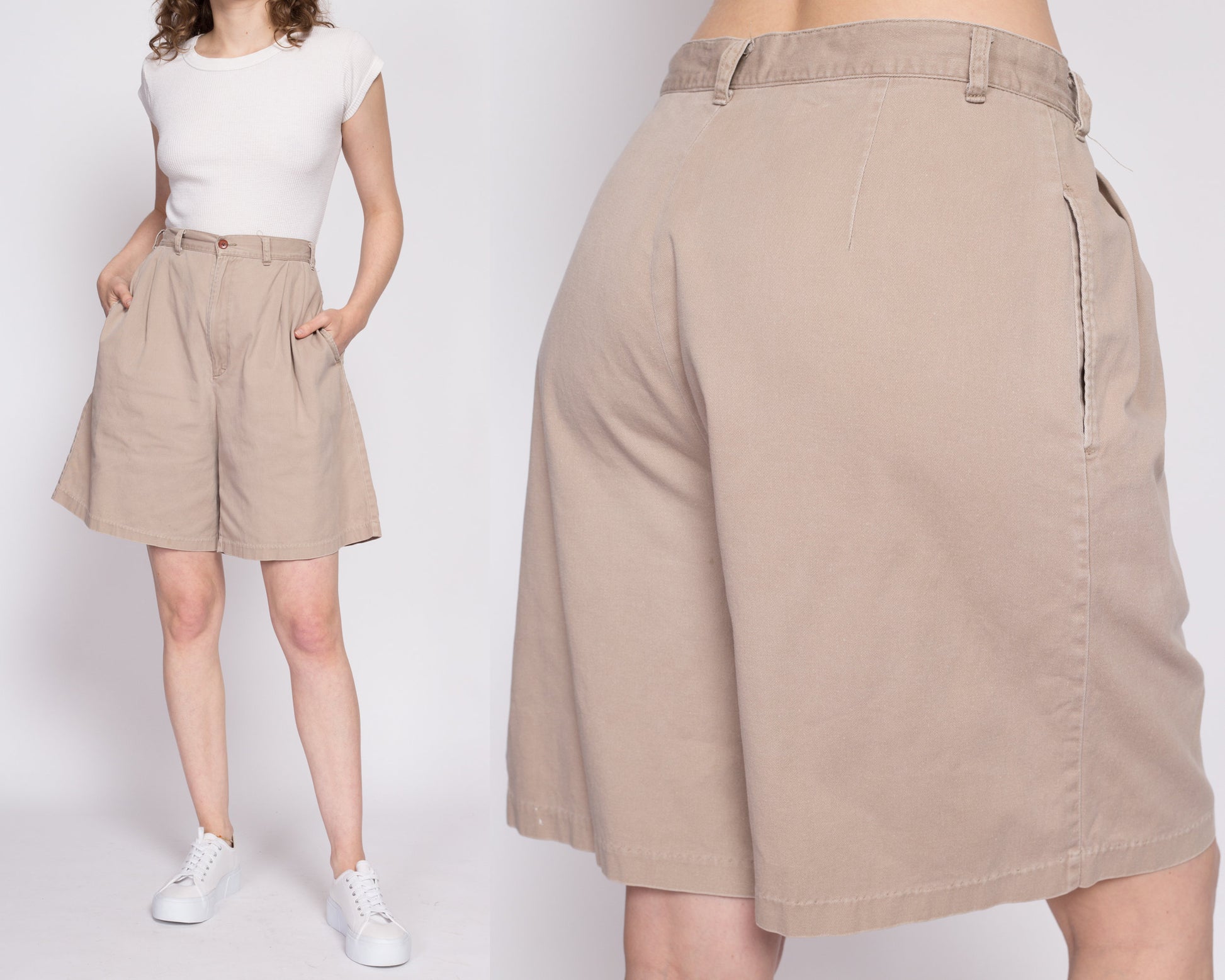 80s Khaki Pleated Cotton Shorts - Large, 31" | Vintage High Waisted Wide Leg Casual Mom Shorts