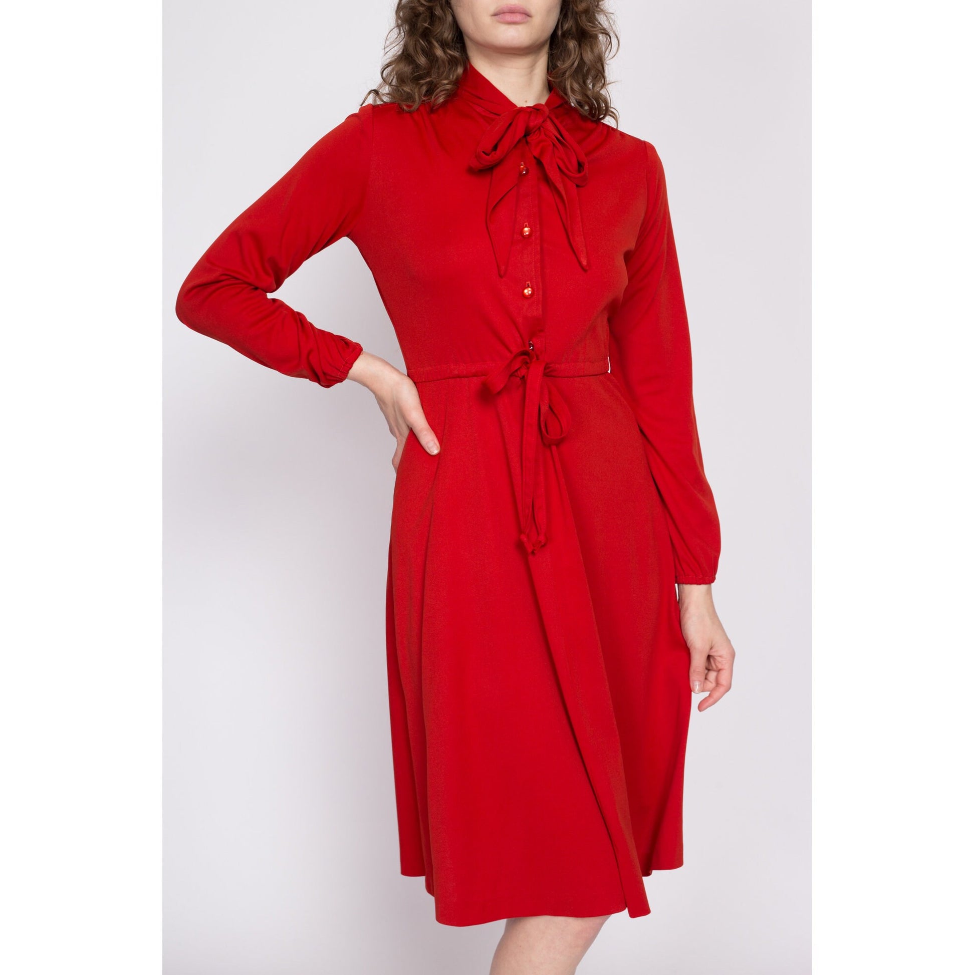 70s Red Ascot Tie Shirtdress - Small | Vintage Button Front Knee Length Secretary Midi Dress