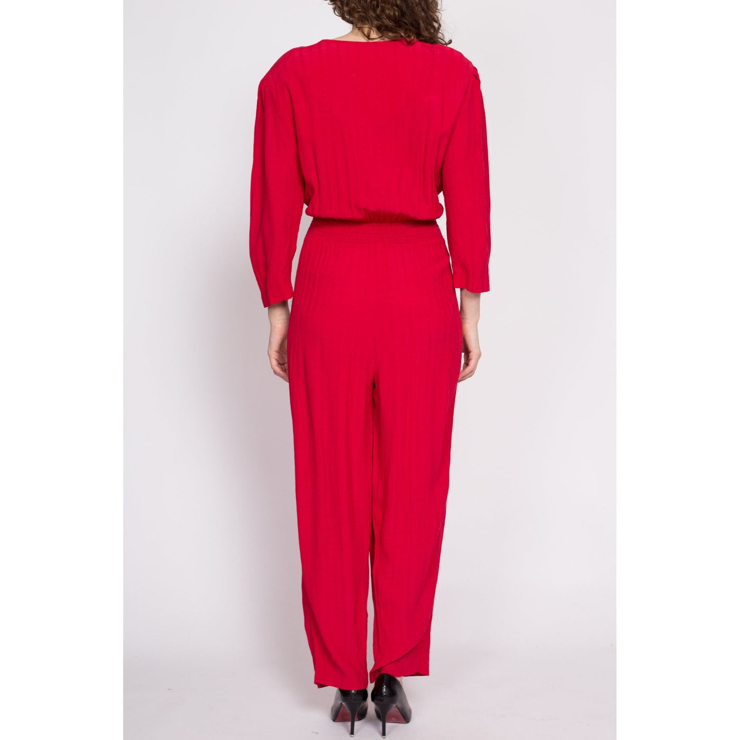 80s Red Button Up Jumpsuit - Large | Vintage Long Sleeve Grunge V-Neck Tapered Leg Pantsuit