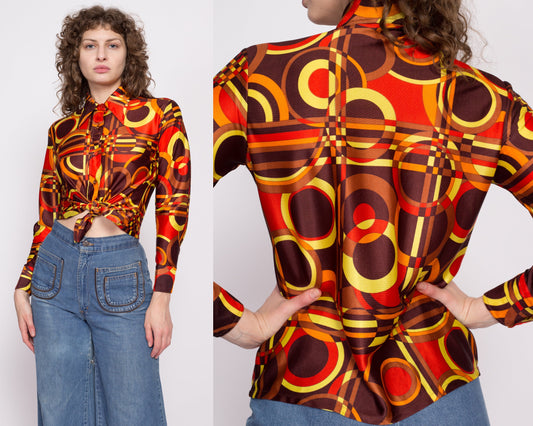 70s Mod Op Art Novelty Print Shirt - Medium | Vintage Abstract Button Up Collared Long Sleeve Top