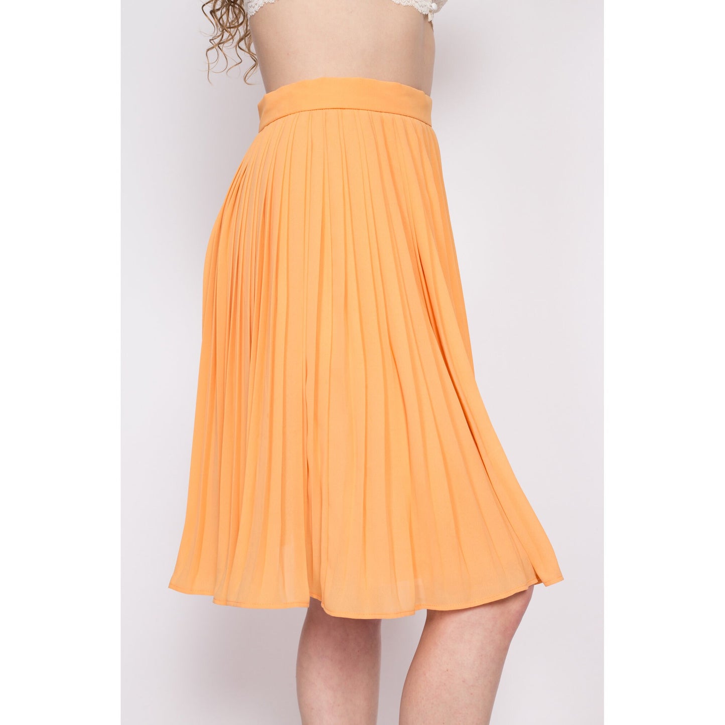 80s Escada Orange Pleated Skirt - Large, 31.5" | Vintage High Waisted Flowy A Line Knee Length Designer Skirt