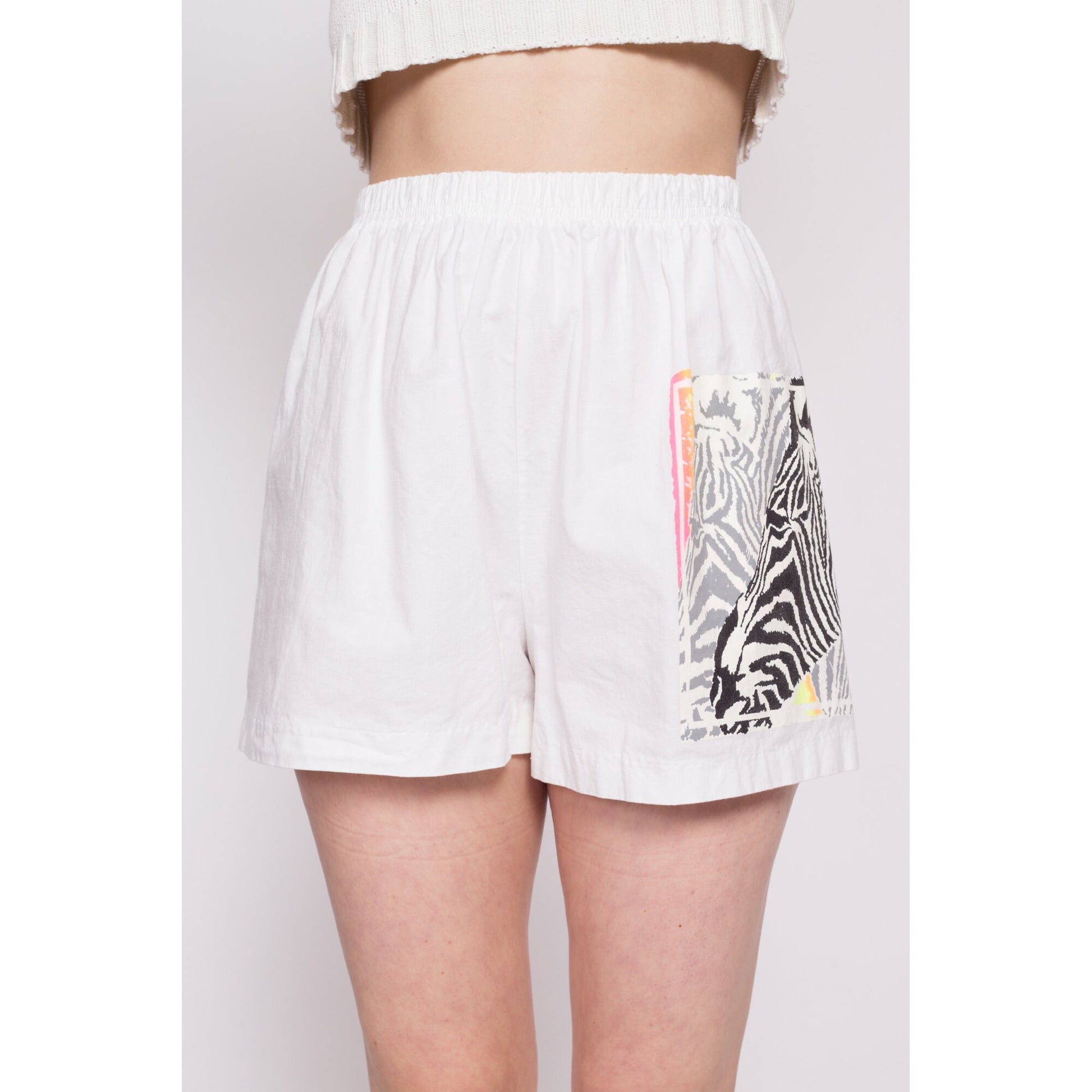90s Zebra Graphic Cotton Shorts - Medium | Vintage White High Rise Elastic Waist Casual Beach Surf Shorts