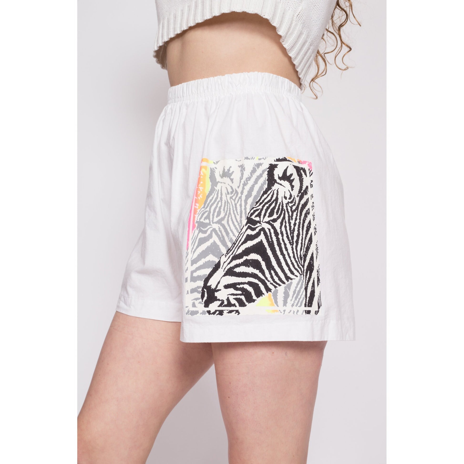 90s Zebra Graphic Cotton Shorts - Medium | Vintage White High Rise Elastic Waist Casual Beach Surf Shorts