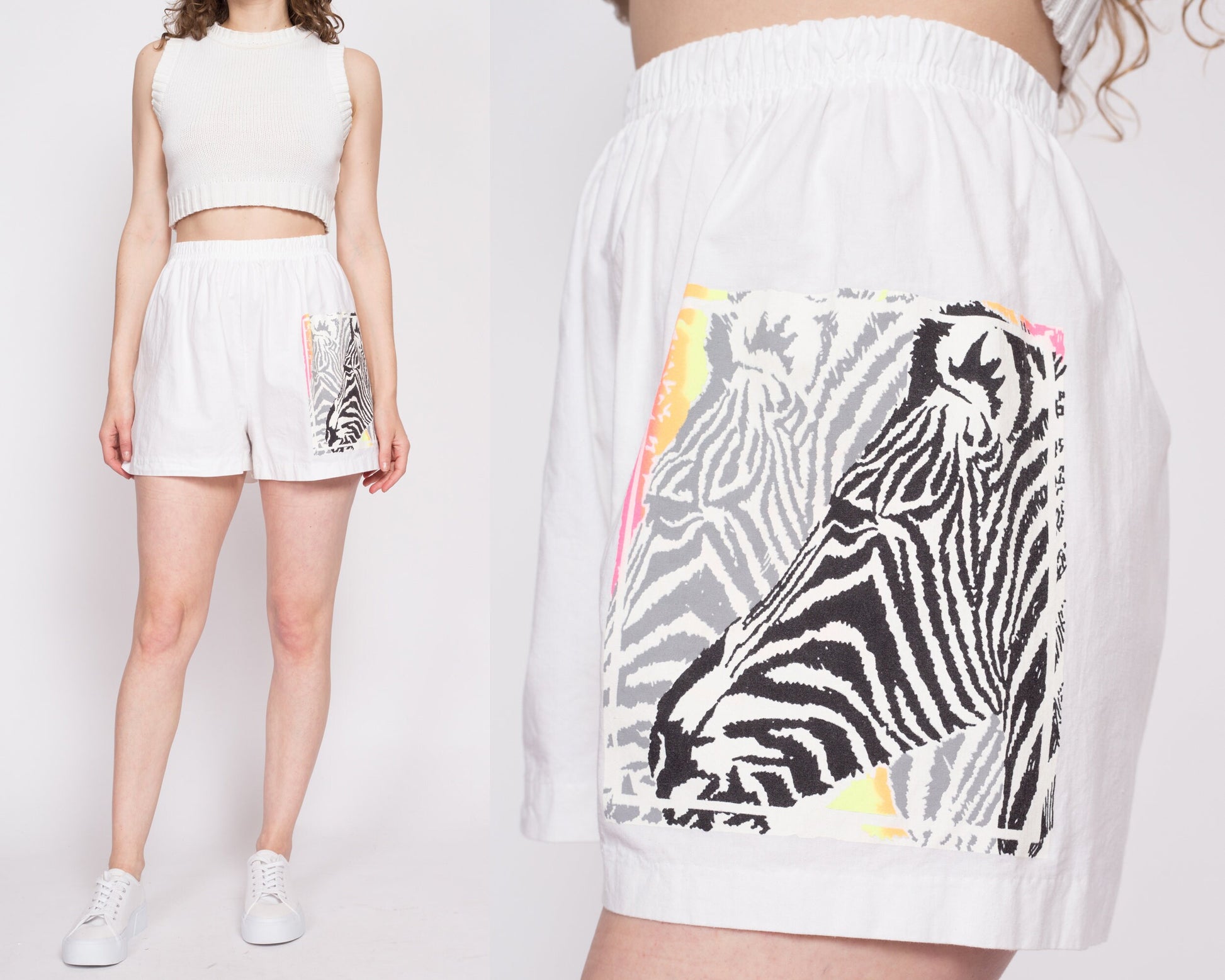 90s Zebra Graphic Cotton Shorts - Medium | Vintage White High Rise Elastic Waist Casual Beach Surf Shorts