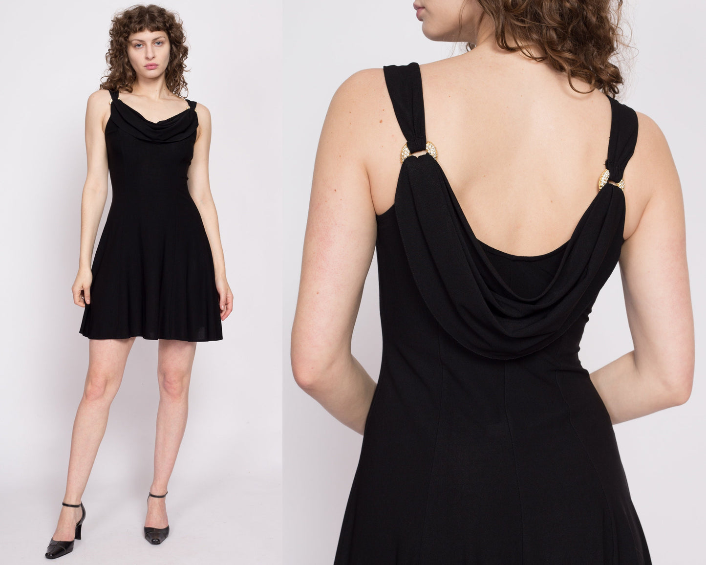 90s Cowl Neck Little Black Dress - Small | Vintage Flowy Sleeveless Fit & Flare Jeweled Mini Party Dress