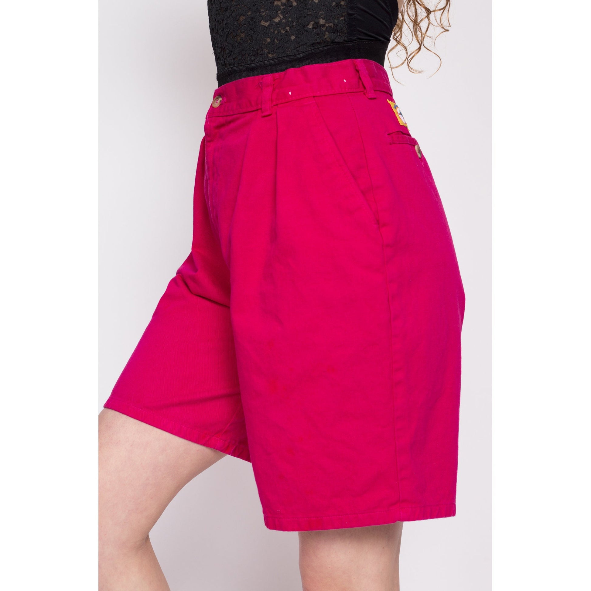 90s Hot Pink Pleated High Waisted Shorts - Medium, 28" | Vintage Magenta Cotton Denim Mom Shorts