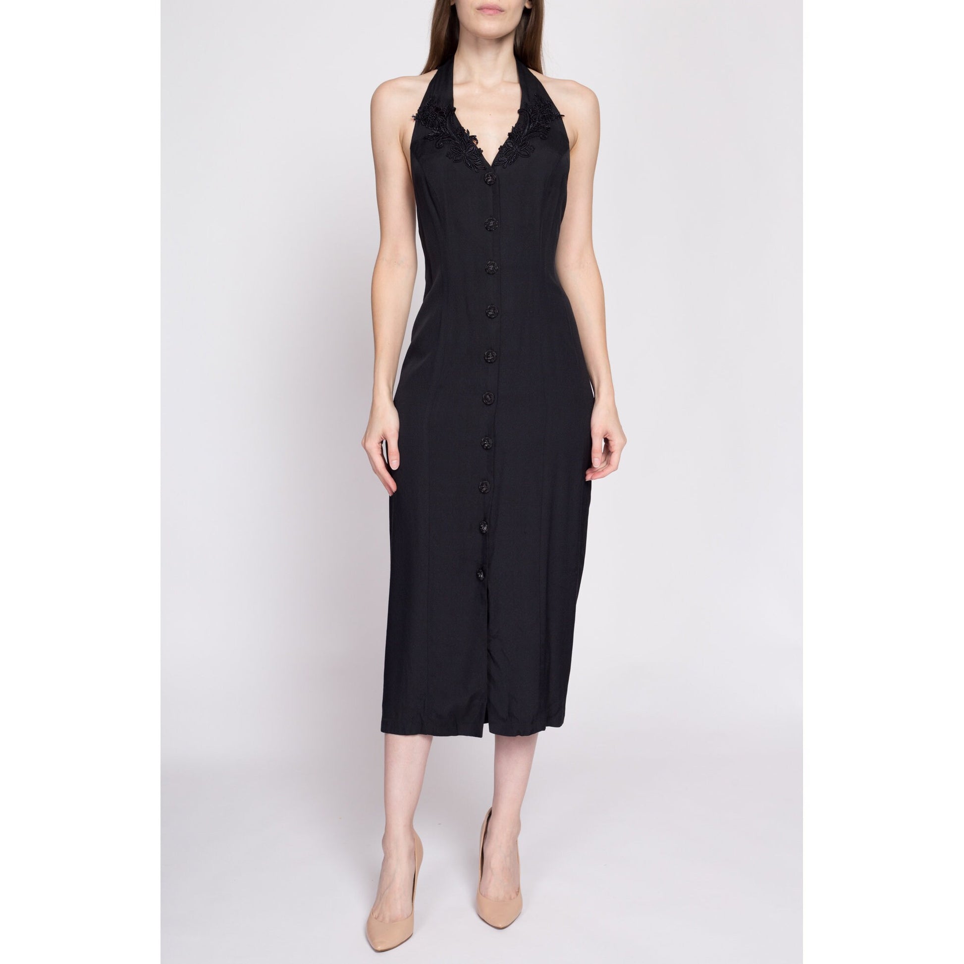 90s Black Strappy Keyhole Back Midi Dress - Medium | Vintage Button Front V Neck Floral Lace Trim Sheath Dress