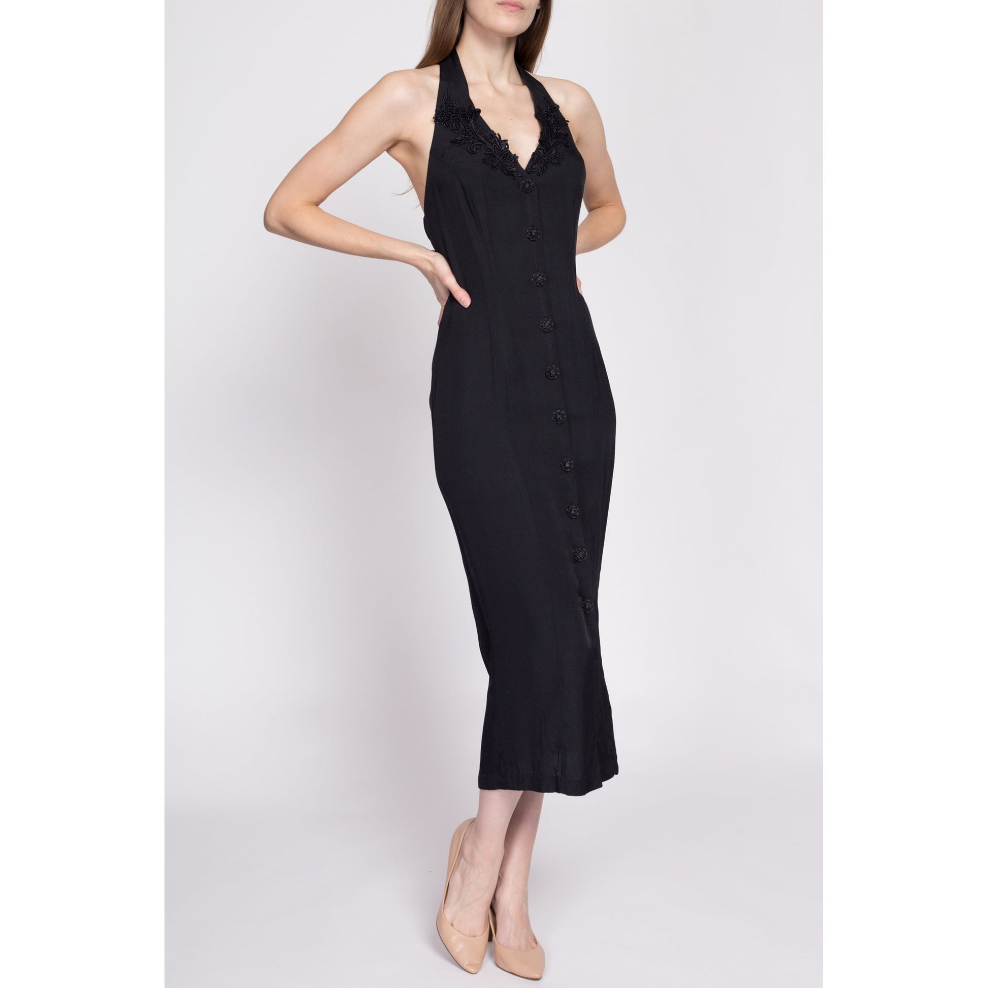 90s Black Strappy Keyhole Back Midi Dress - Medium | Vintage Button Front V Neck Floral Lace Trim Sheath Dress