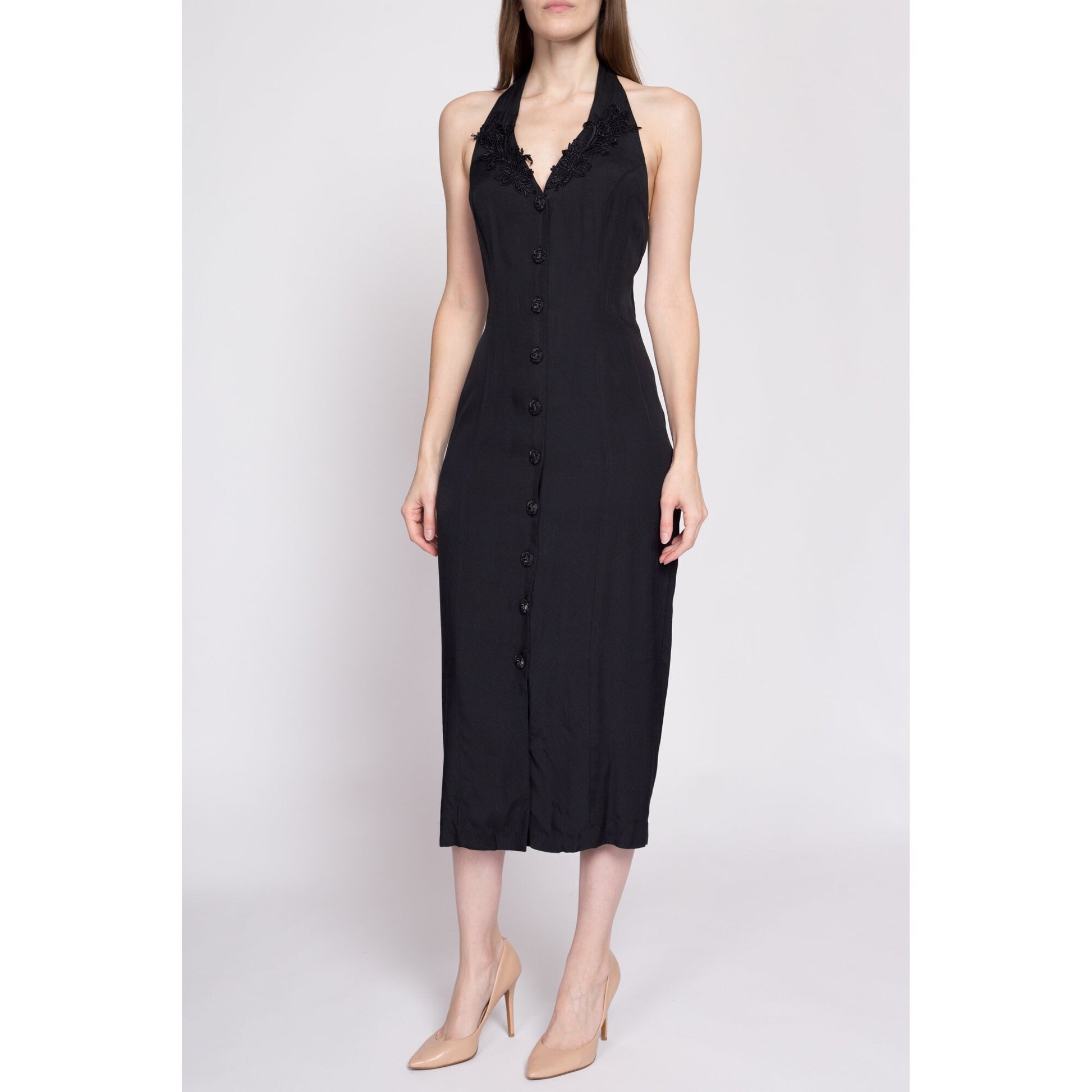 90s Black Strappy Keyhole Back Midi Dress - Medium | Vintage Button Front V Neck Floral Lace Trim Sheath Dress