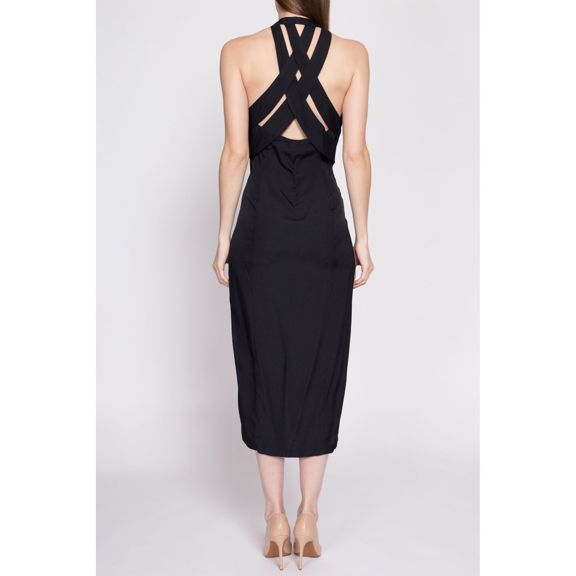 90s Black Strappy Keyhole Back Midi Dress - Medium | Vintage Button Front V Neck Floral Lace Trim Sheath Dress