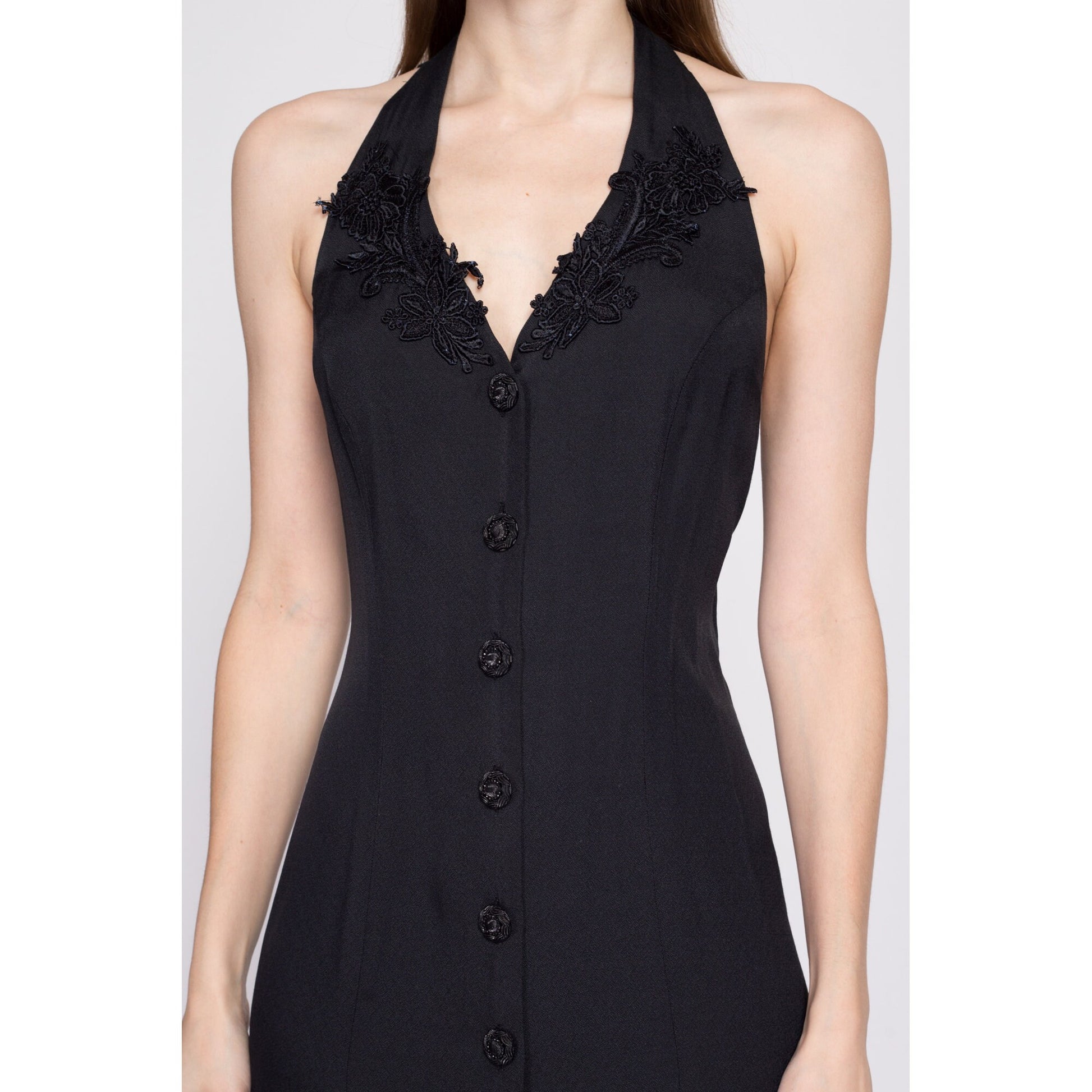90s Black Strappy Keyhole Back Midi Dress - Medium | Vintage Button Front V Neck Floral Lace Trim Sheath Dress