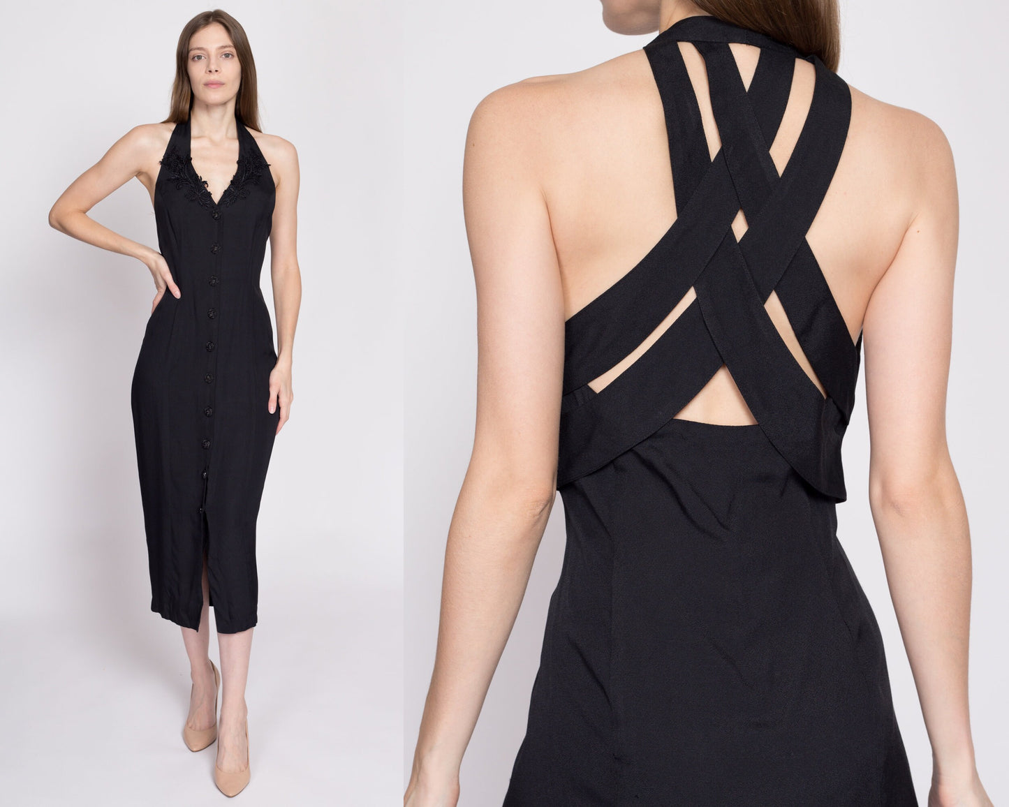 90s Black Strappy Keyhole Back Midi Dress - Medium | Vintage Button Front V Neck Floral Lace Trim Sheath Dress