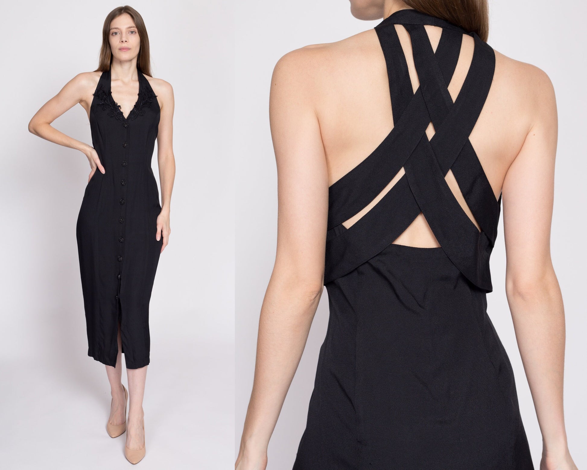 90s Black Strappy Keyhole Back Midi Dress - Medium | Vintage Button Front V Neck Floral Lace Trim Sheath Dress