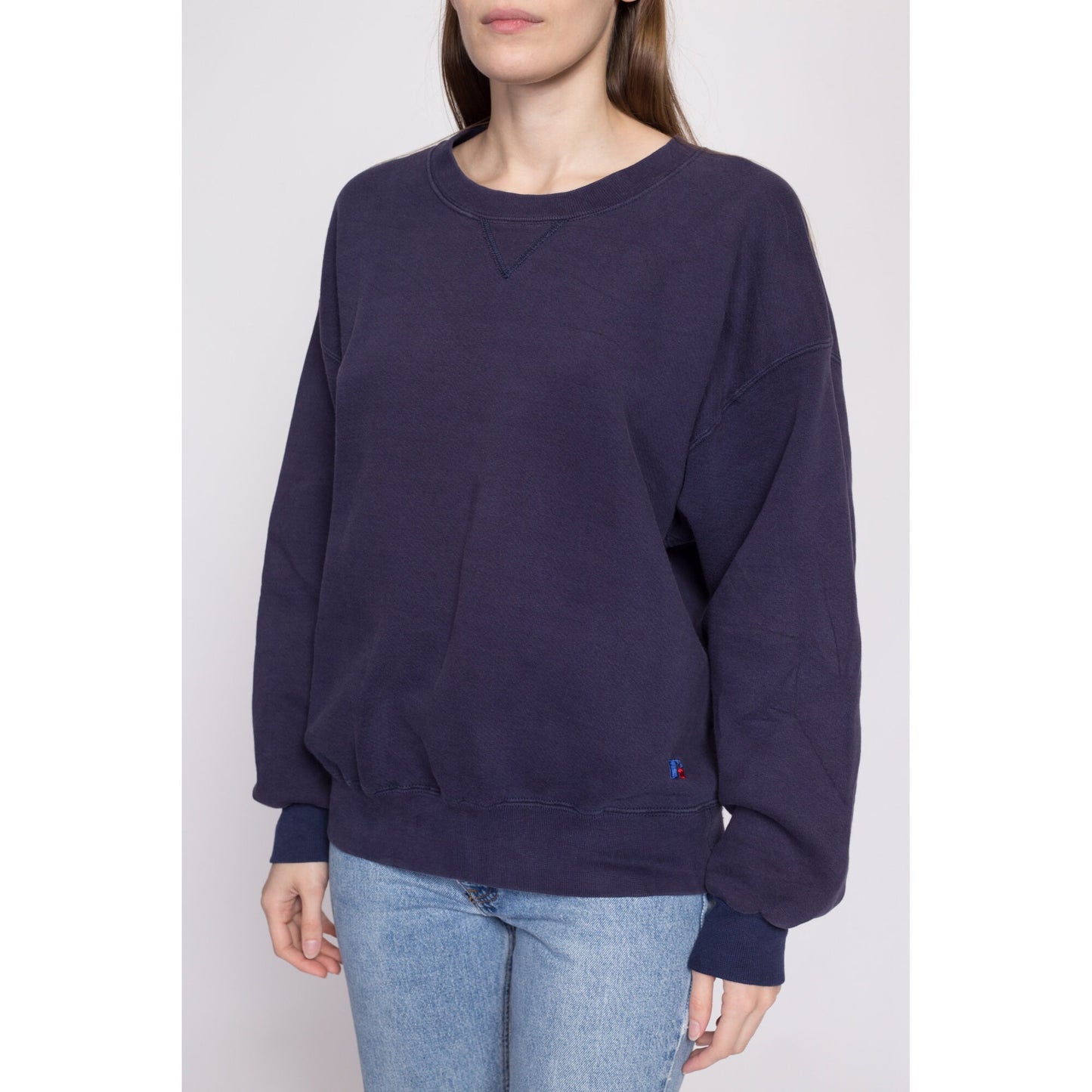 90s L.L. Bean x Russell Athletic Navy Blue V Stitch Sweatshirt - Men's Large | Vintage Unisex Plain Cotton Blend Blank Crewneck Pullover