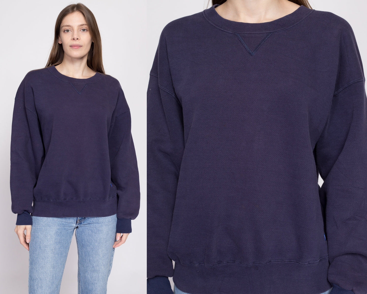 90s L.L. Bean x Russell Athletic Navy Blue V Stitch Sweatshirt - Men's Large | Vintage Unisex Plain Cotton Blend Blank Crewneck Pullover
