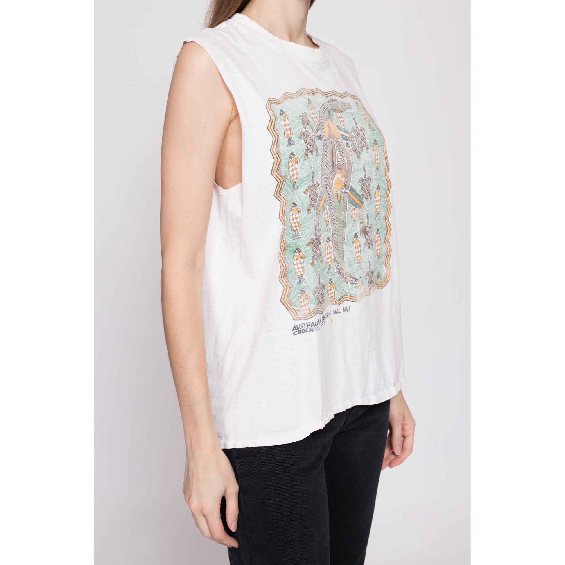 90s Australian Aboriginal Art Crocodile Bay Tank - Men's Medium, Women's Large | Vintage Graphic Tourist Muscle Shirt
