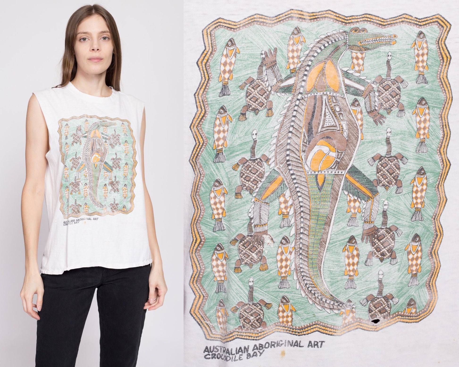 90s Australian Aboriginal Art Crocodile Bay Tank - Men's Medium, Women's Large | Vintage Graphic Tourist Muscle Shirt