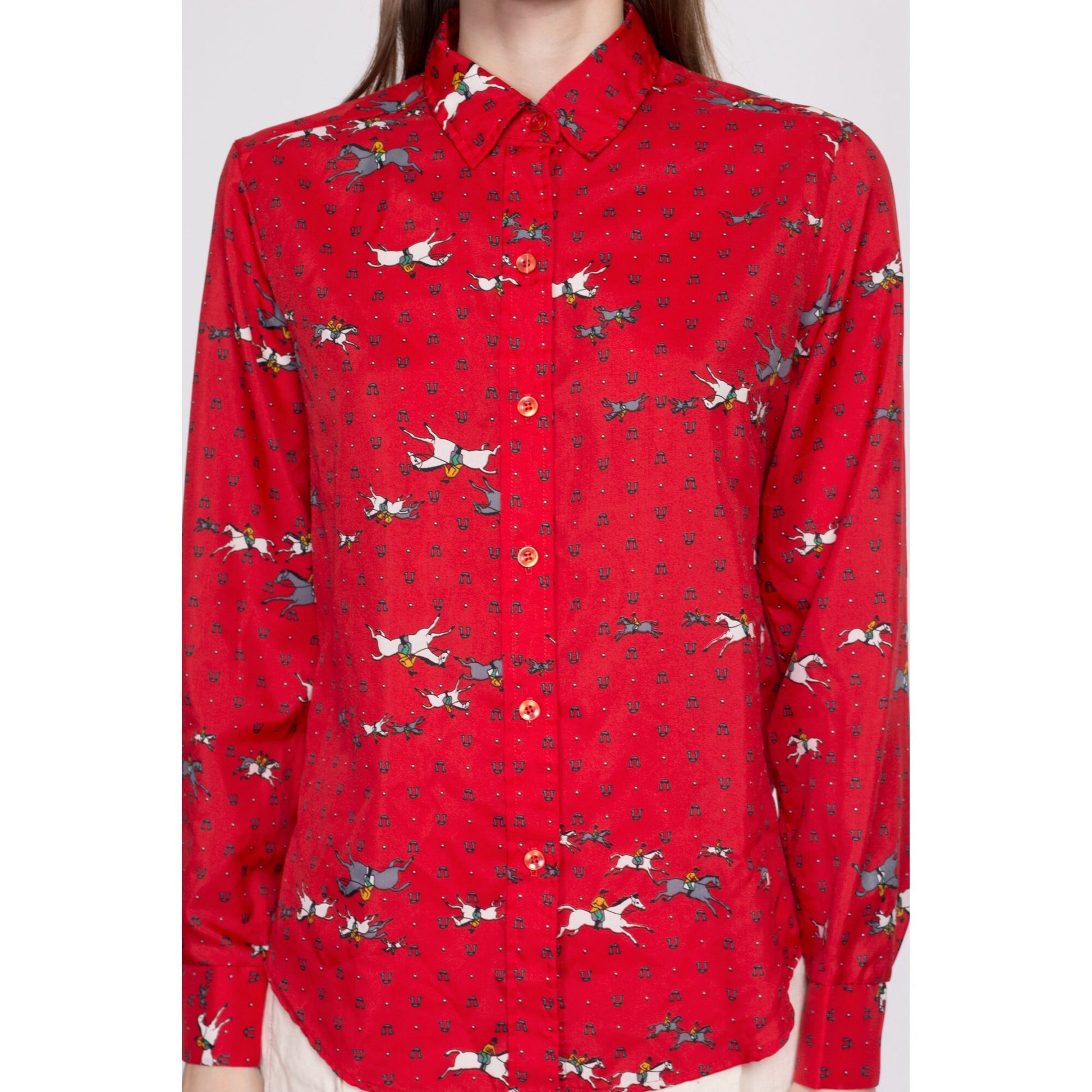 70s 80s Equestrian Novelty Print Top - Medium | Vintage Red Horse Graphic Long Sleeve Collared Button Up Shirt