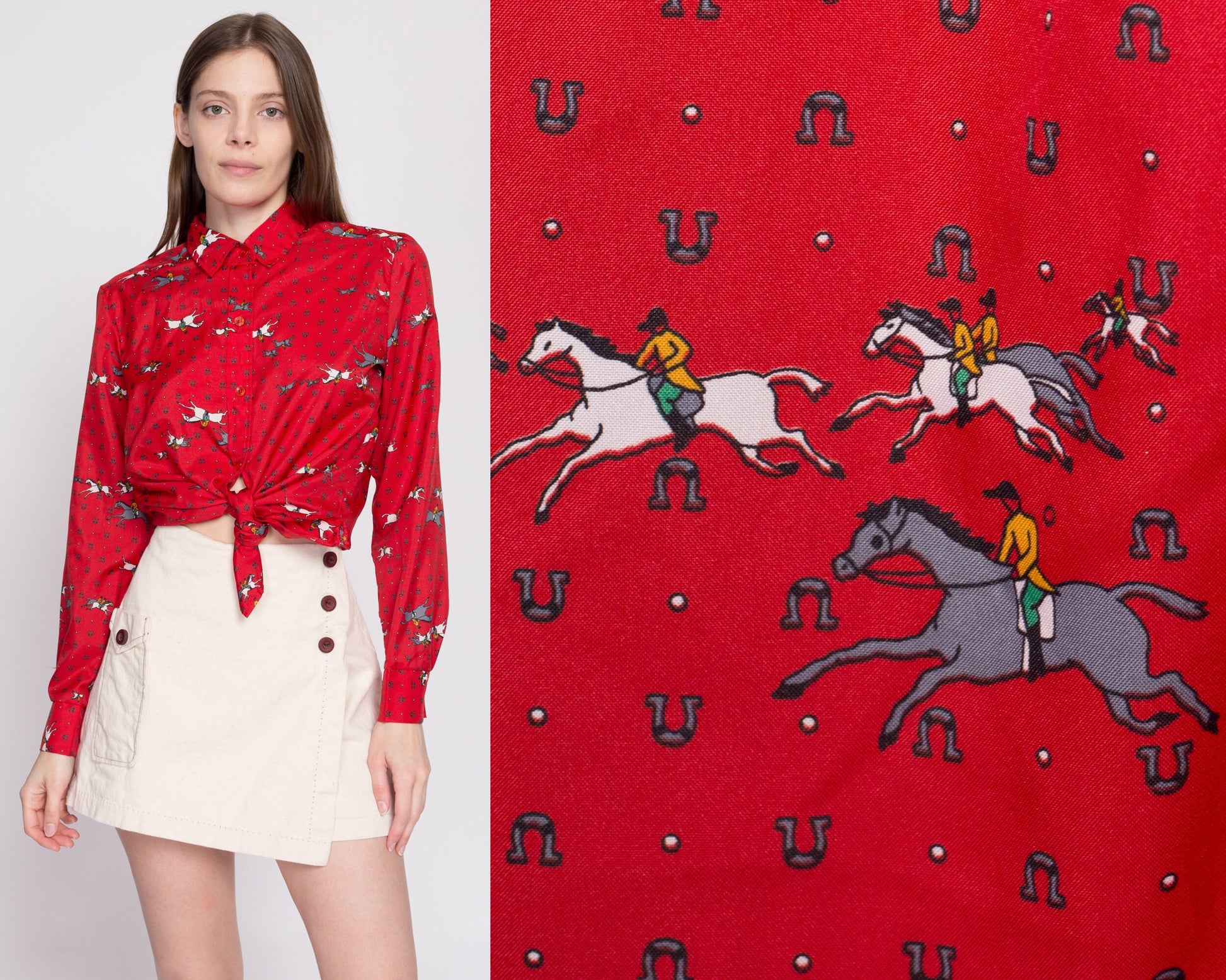 70s 80s Equestrian Novelty Print Top - Medium | Vintage Red Horse Graphic Long Sleeve Collared Button Up Shirt