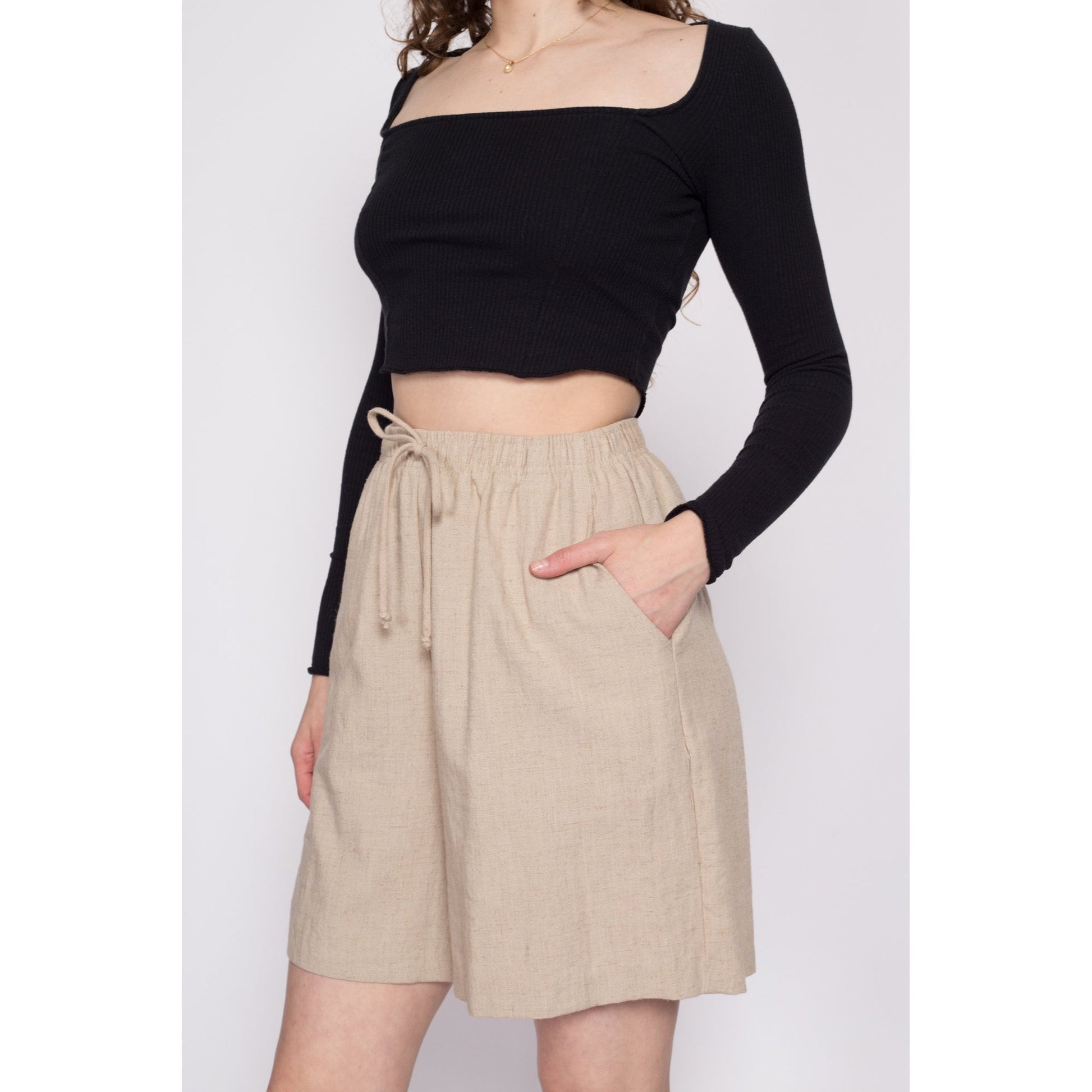 90s Oatmeal Linen Shorts - Small to Medium | Vintage Pleated Wide Leg Elastic Waist High Rise Casual Shorts