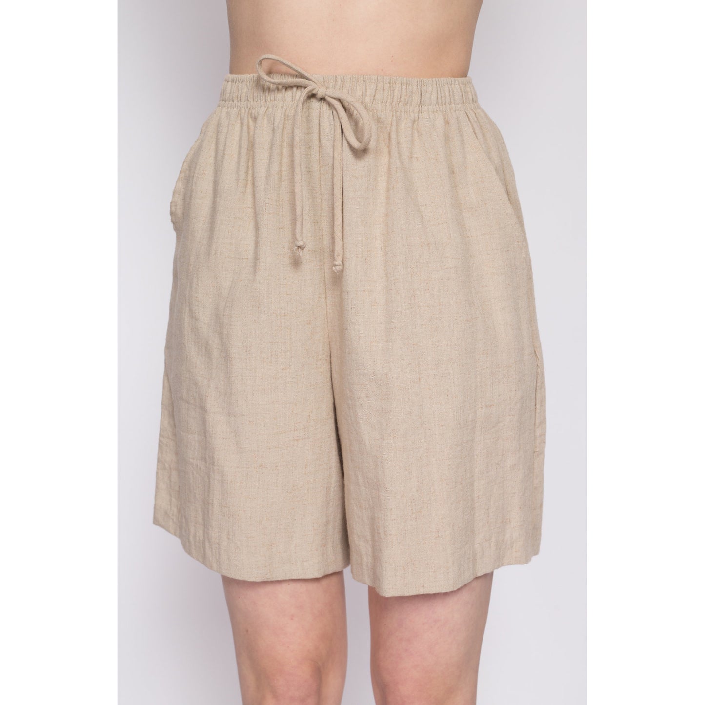 90s Oatmeal Linen Shorts - Small to Medium | Vintage Pleated Wide Leg Elastic Waist High Rise Casual Shorts