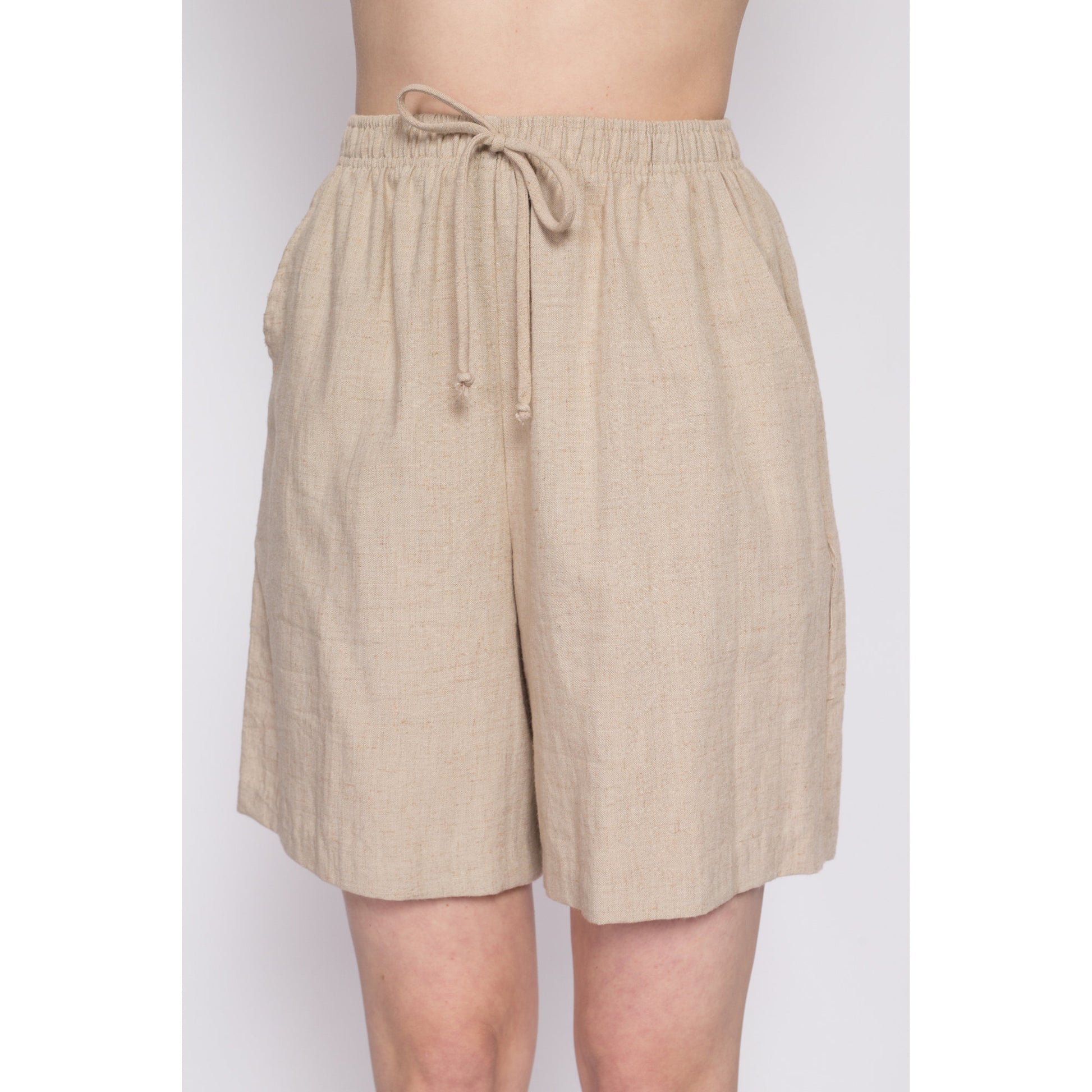 90s Oatmeal Linen Shorts - Small to Medium | Vintage Pleated Wide Leg Elastic Waist High Rise Casual Shorts