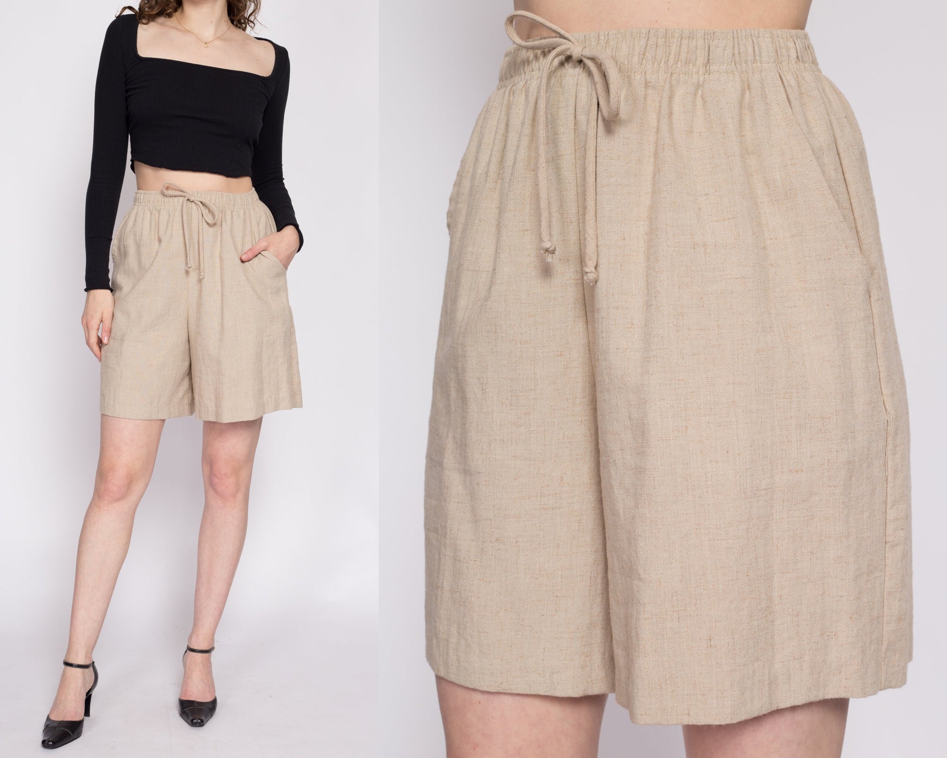90s Oatmeal Linen Shorts - Small to Medium | Vintage Pleated Wide Leg Elastic Waist High Rise Casual Shorts