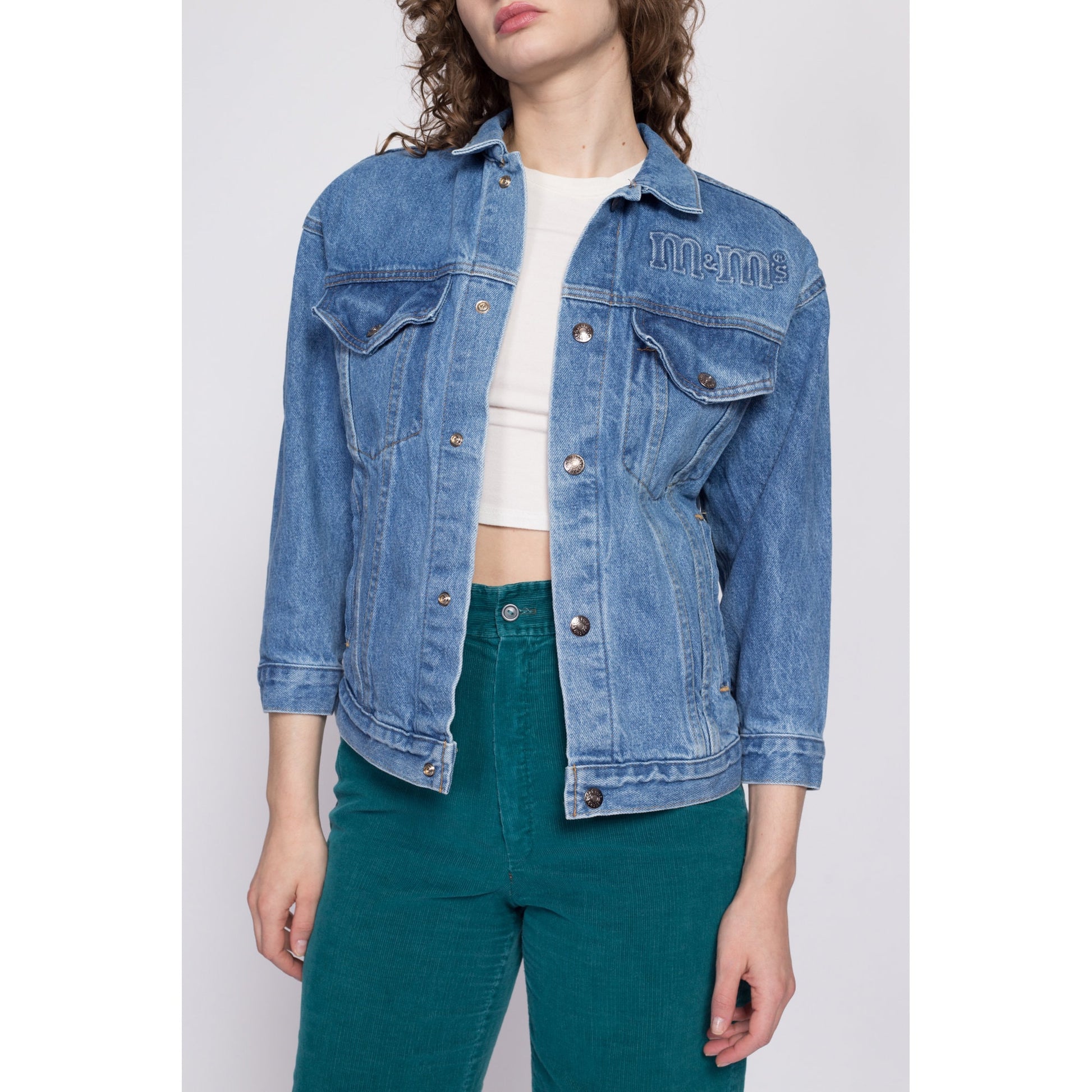 90s M&Ms Embossed Denim Jacket - Petite Small to Medium | Vintage Candy Brand Logo Coin Toss Graphic Medium Wash Jean Jacket