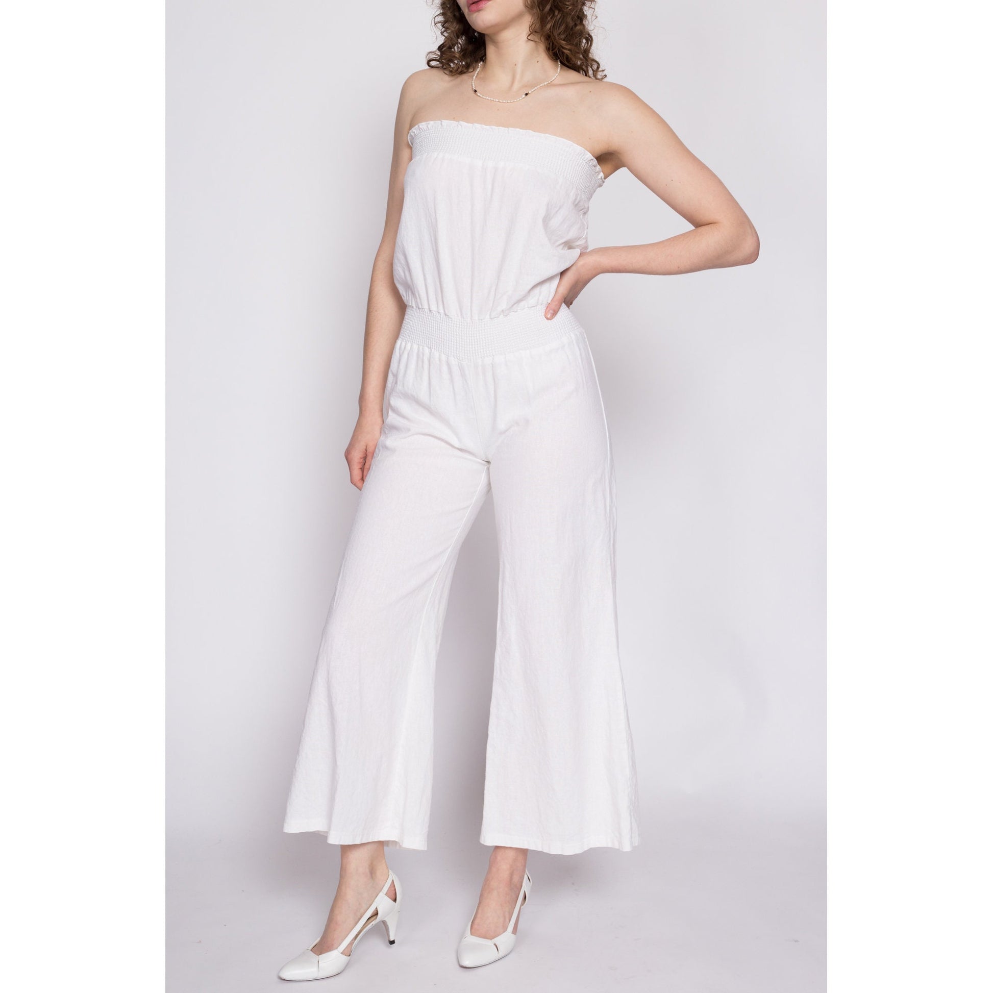 90s Y2K White Strapless Flared Leg Jumpsuit - Small | Vintage Boho Onesie Romper Pantsuit