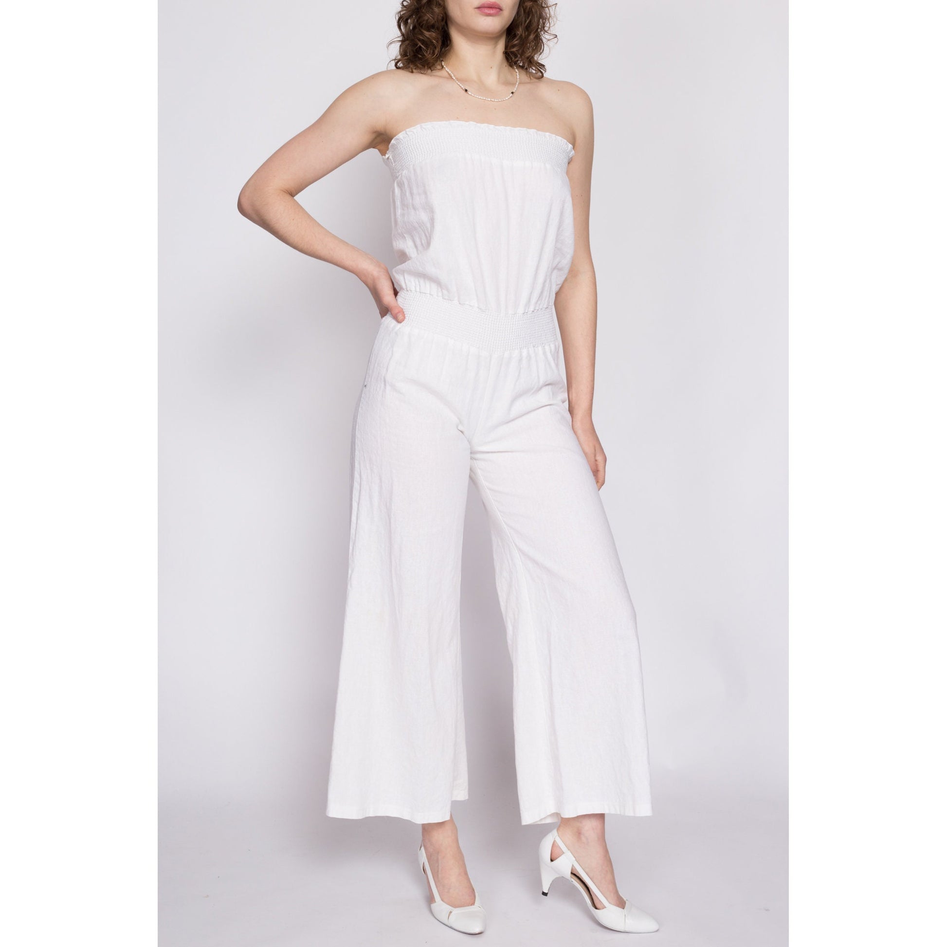 90s Y2K White Strapless Flared Leg Jumpsuit - Small | Vintage Boho Onesie Romper Pantsuit