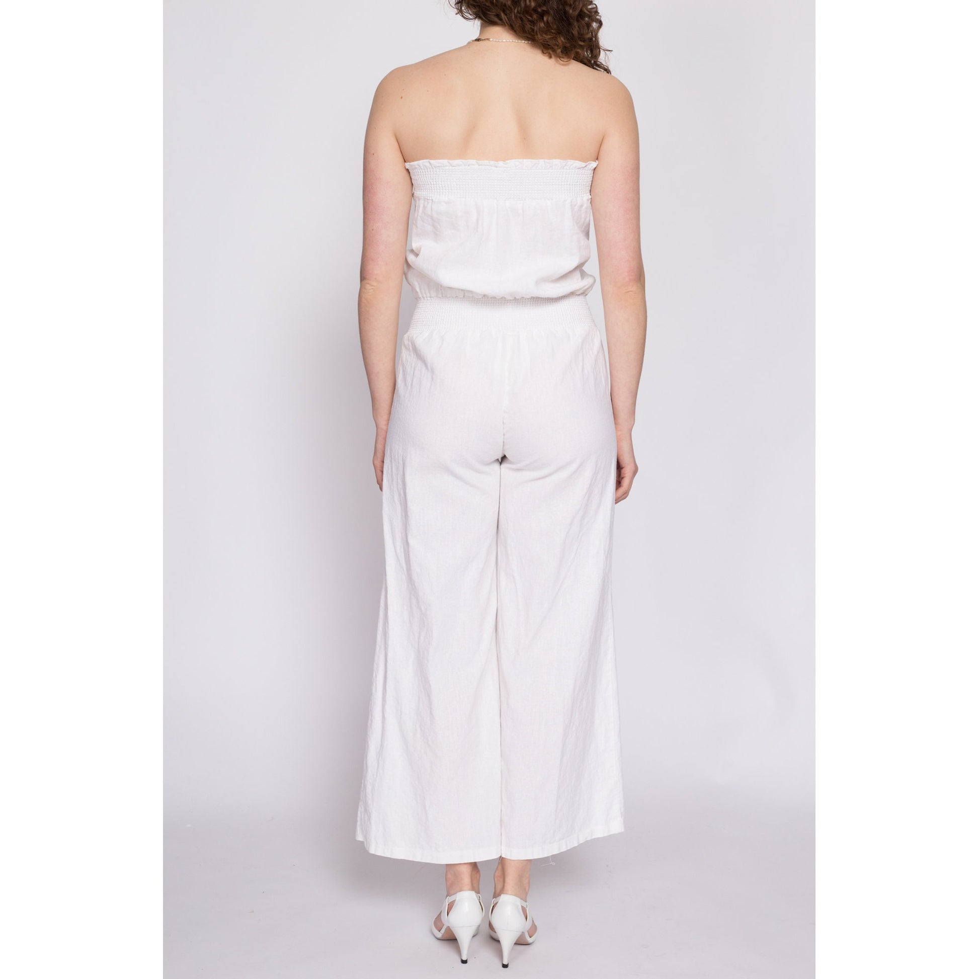 90s Y2K White Strapless Flared Leg Jumpsuit - Small | Vintage Boho Onesie Romper Pantsuit