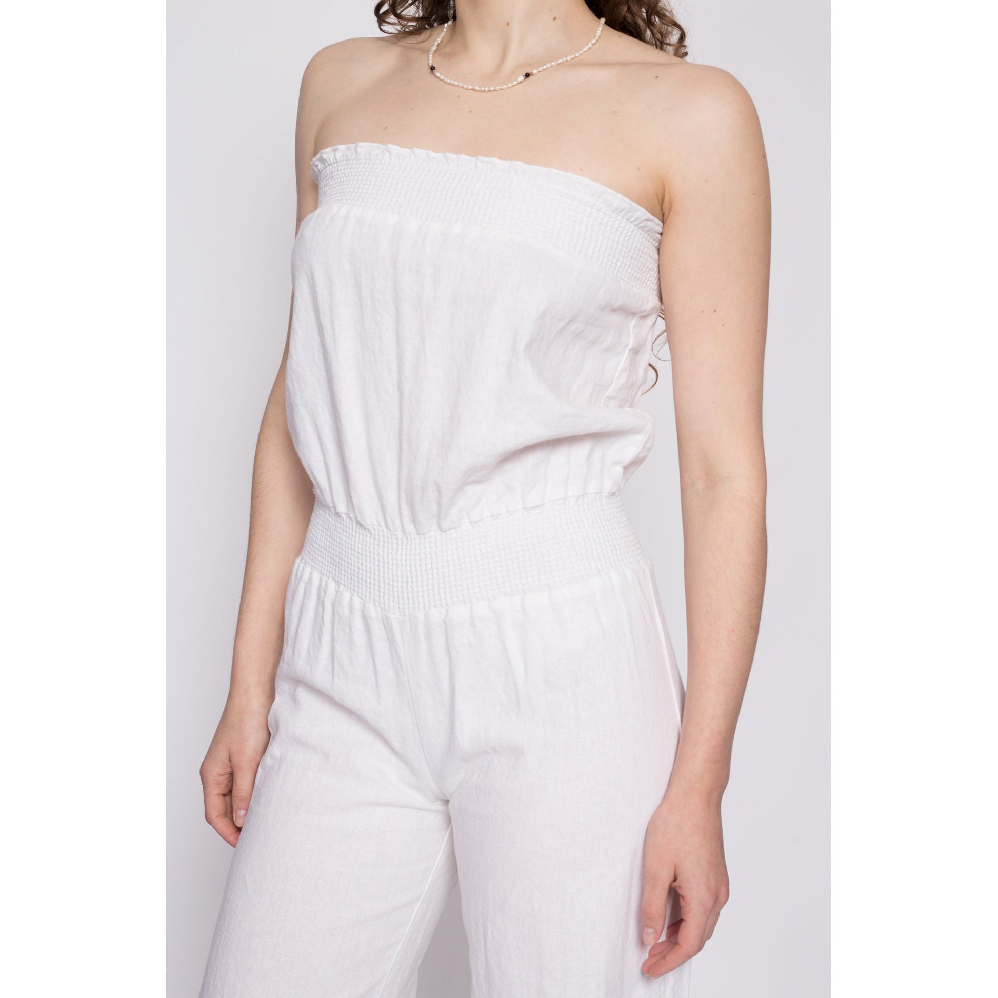 90s Y2K White Strapless Flared Leg Jumpsuit - Small | Vintage Boho Onesie Romper Pantsuit