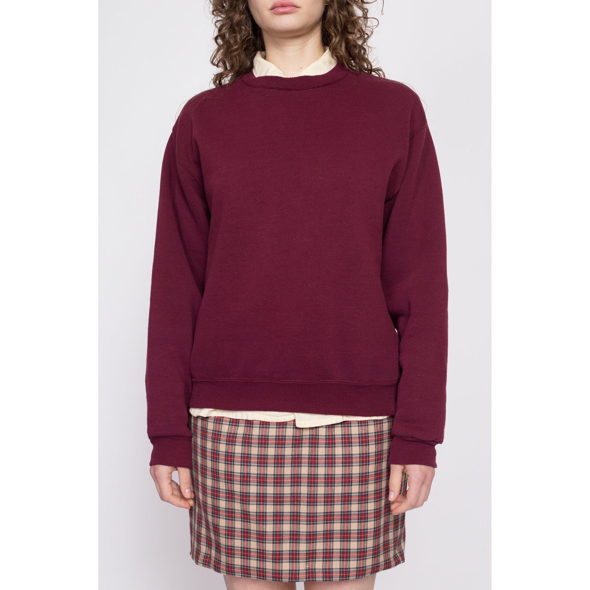 90s Wine Red Crewneck Sweatshirt - Men's Medium, Women's Large | Vintage Unisex Plain Cotton Blend Blank Pullover