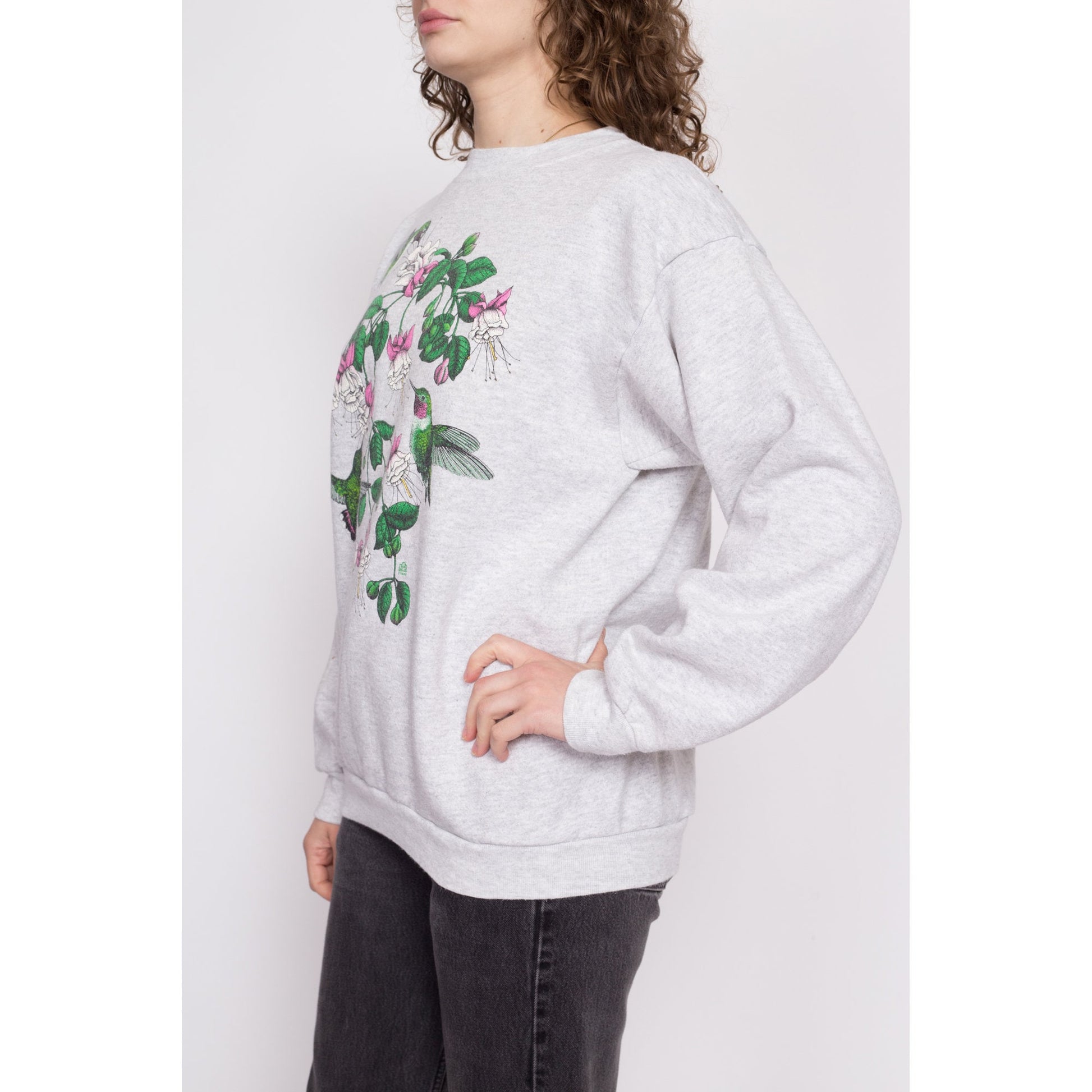 90s Hummingbird Sweatshirt - Men's Medium, Women's Large | Vintage Heather Grey Graphic Bird Print Crewneck