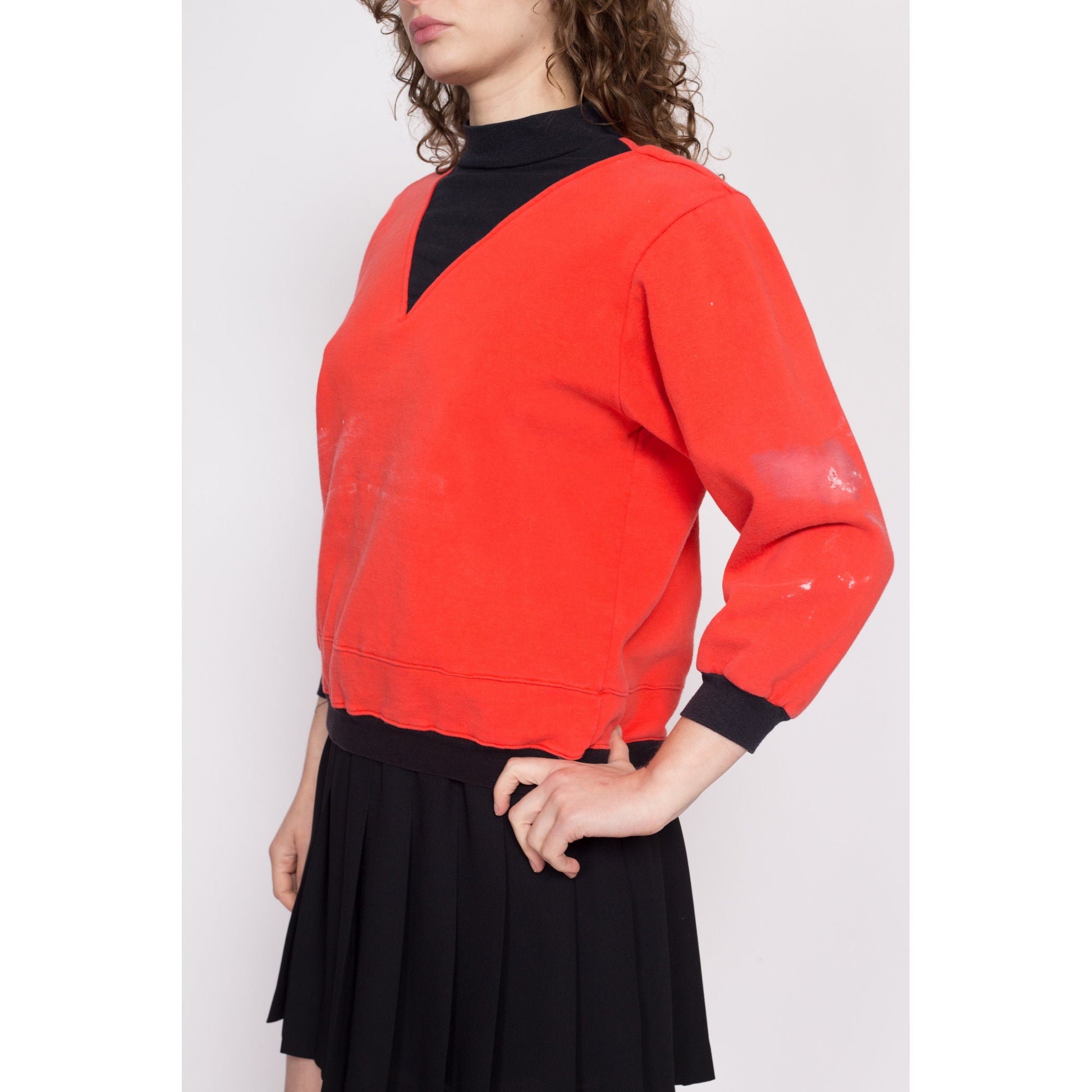 80s Orange Black Color Block Sweatshirt - Petite Small to Medium | Vintage Distressed Colorful Crewneck Pullover