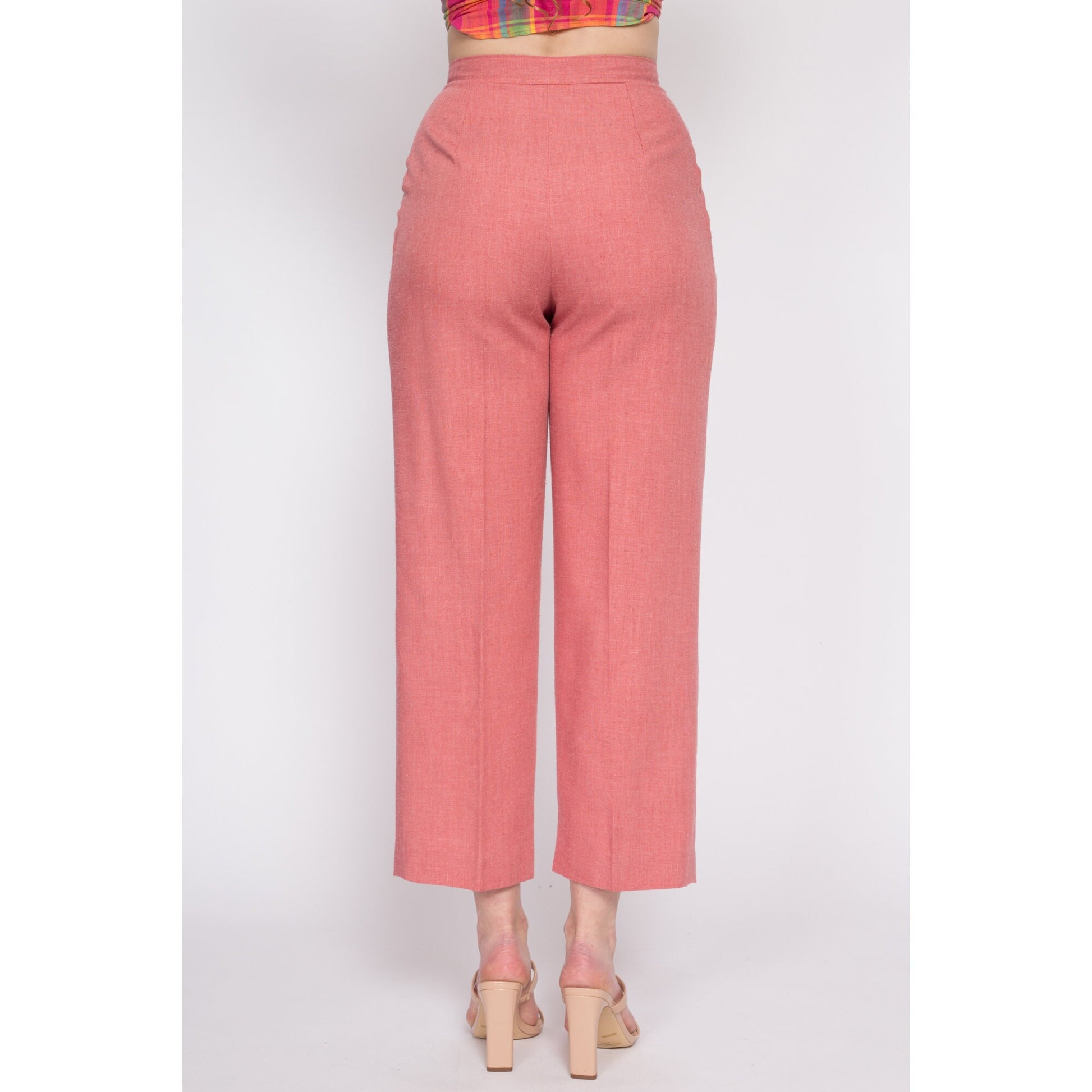 70s Dusty Pink High Waisted Trousers - Small, 26" | Vintage Pleated Tapered Leg Ankle Pants