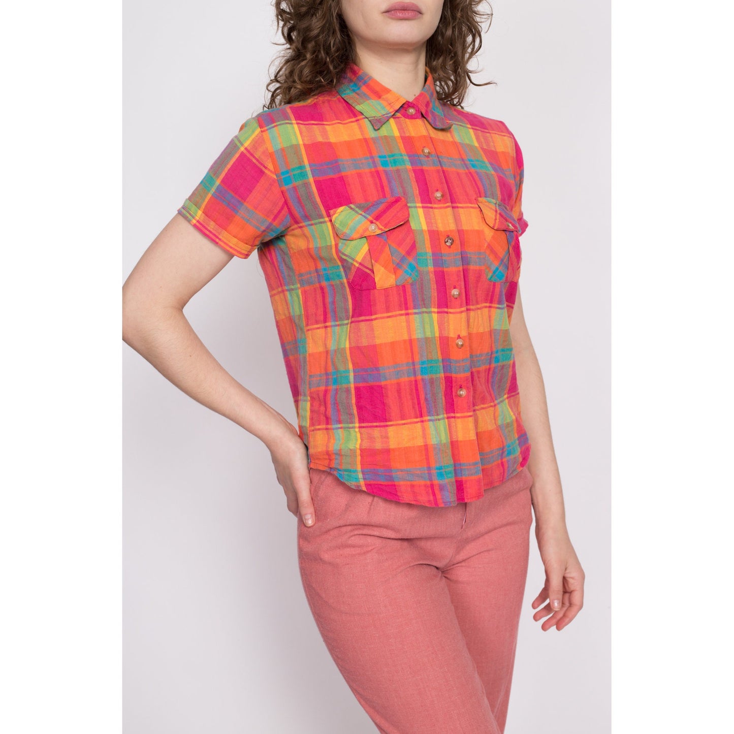 90s Pink Plaid Cotton Button Up Shirt - Medium | Vintage Colorful Short Sleeve Collared Top