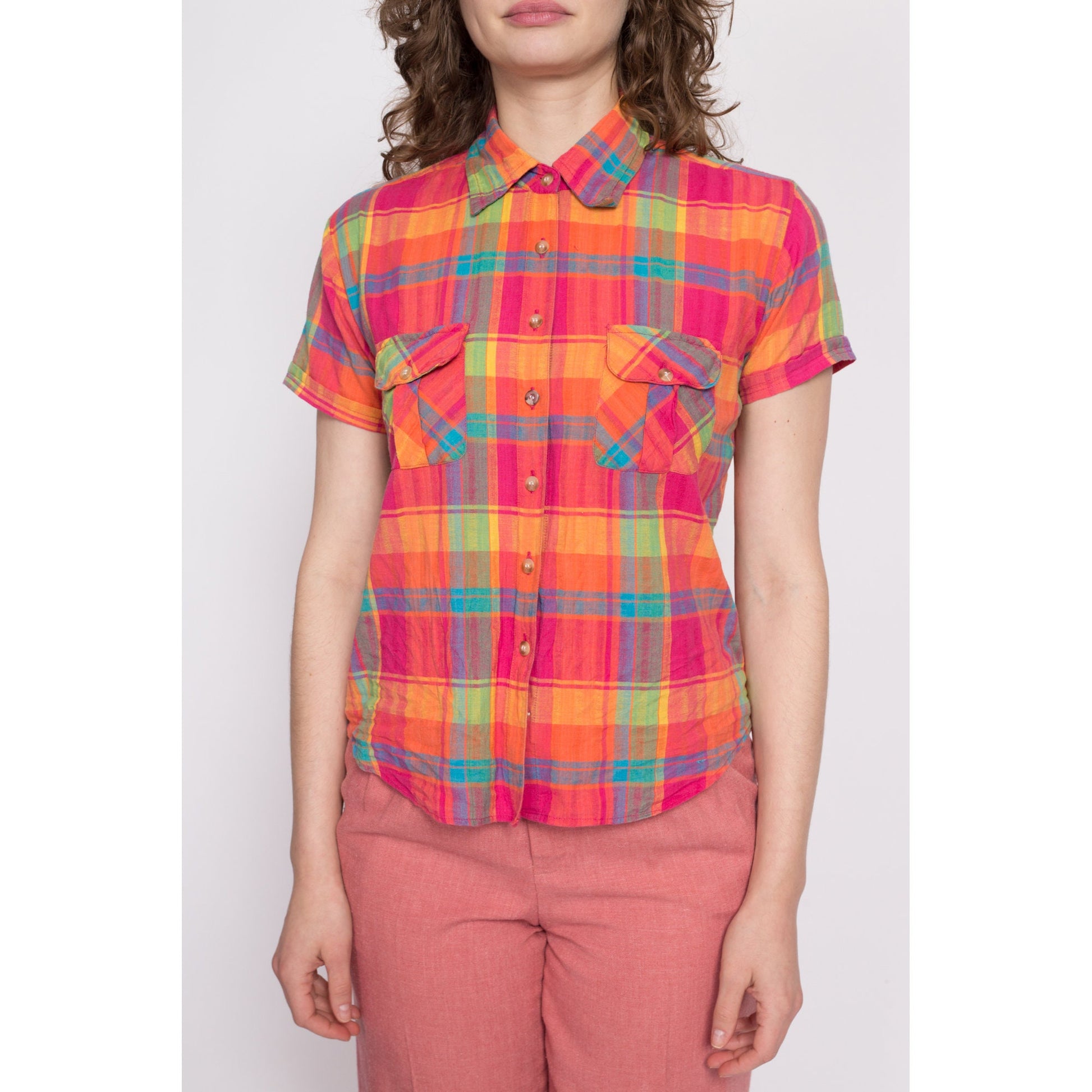 90s Pink Plaid Cotton Button Up Shirt - Medium | Vintage Colorful Short Sleeve Collared Top