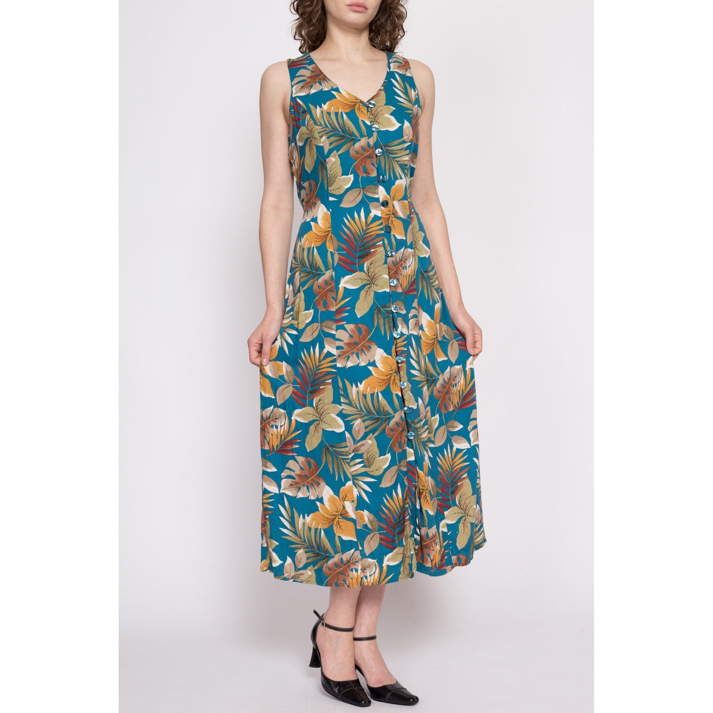 90s Blue Tropical Floral Sundress - Medium | Vintage Sleeveless Button Up Summer Maxi Dress