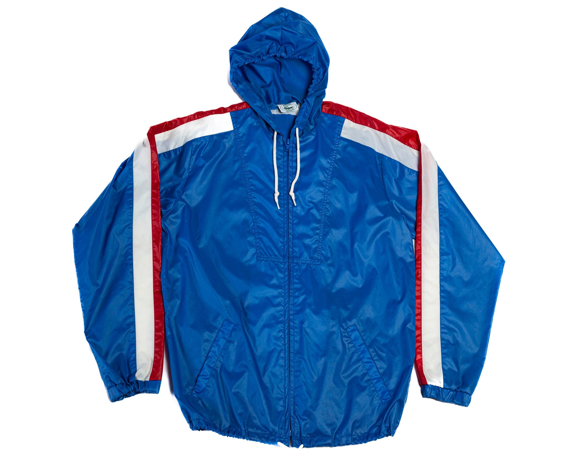 80s Izod Lacoste Striped Hooded Windbreaker - Men's Small, Women's Medium | Vintage Blue Red White Lightweight Zip Up Track Jacket