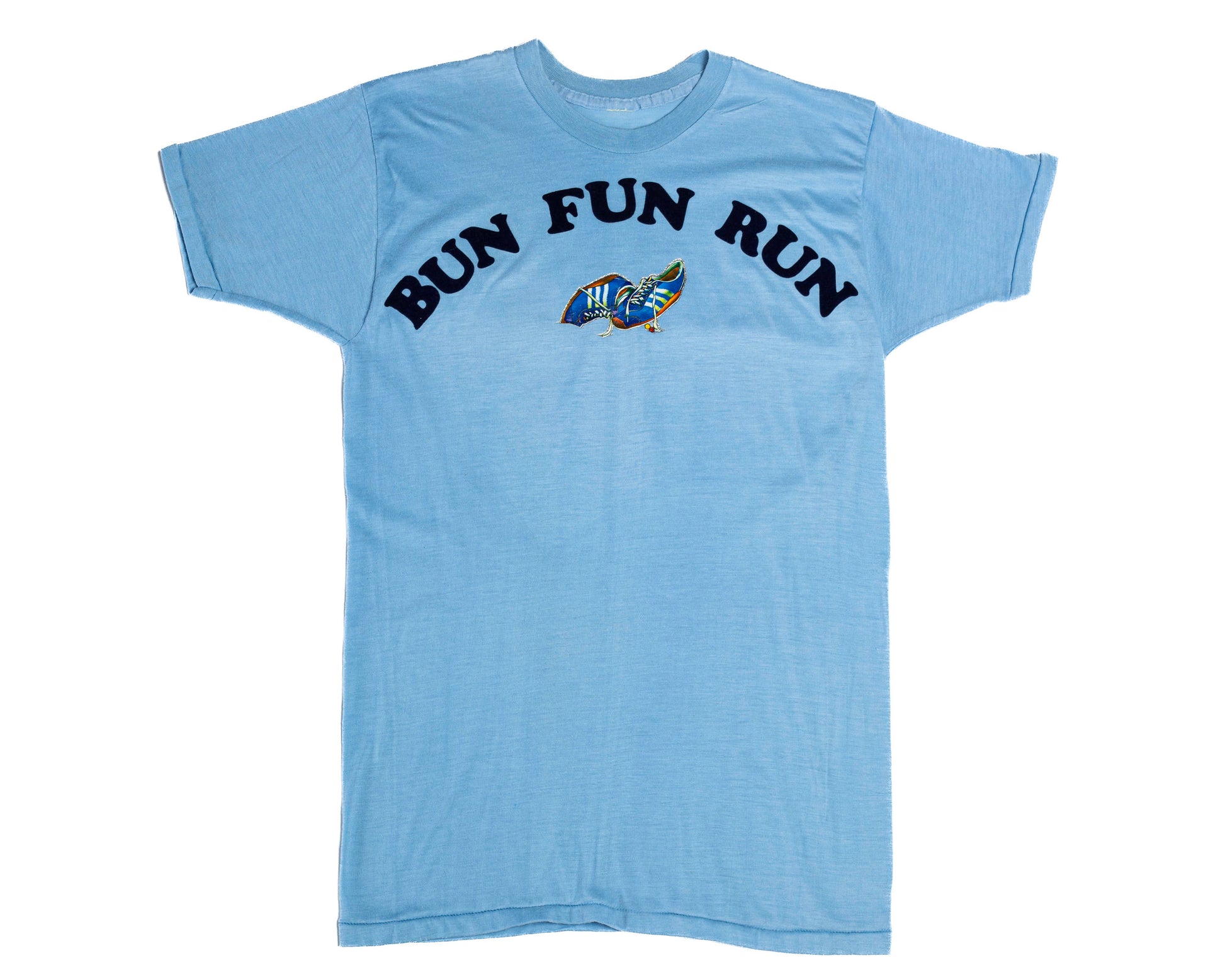 80s Bun Fun Run T Shirt - Men's Small, Women's Medium | Vintage Blue Iron On Felt Graphic Running Shoes T Shirt