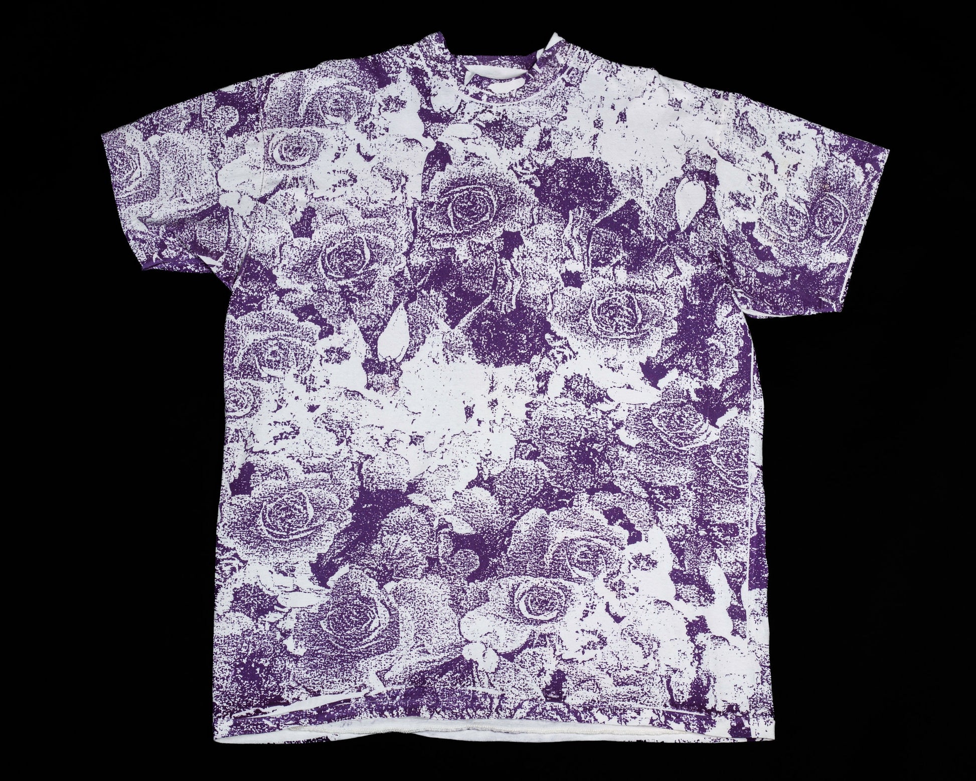 90s Pixel Floral All Over Print T Shirt - Men's Large, Women's XL | Vintage White Purple AOP Graphic Tee